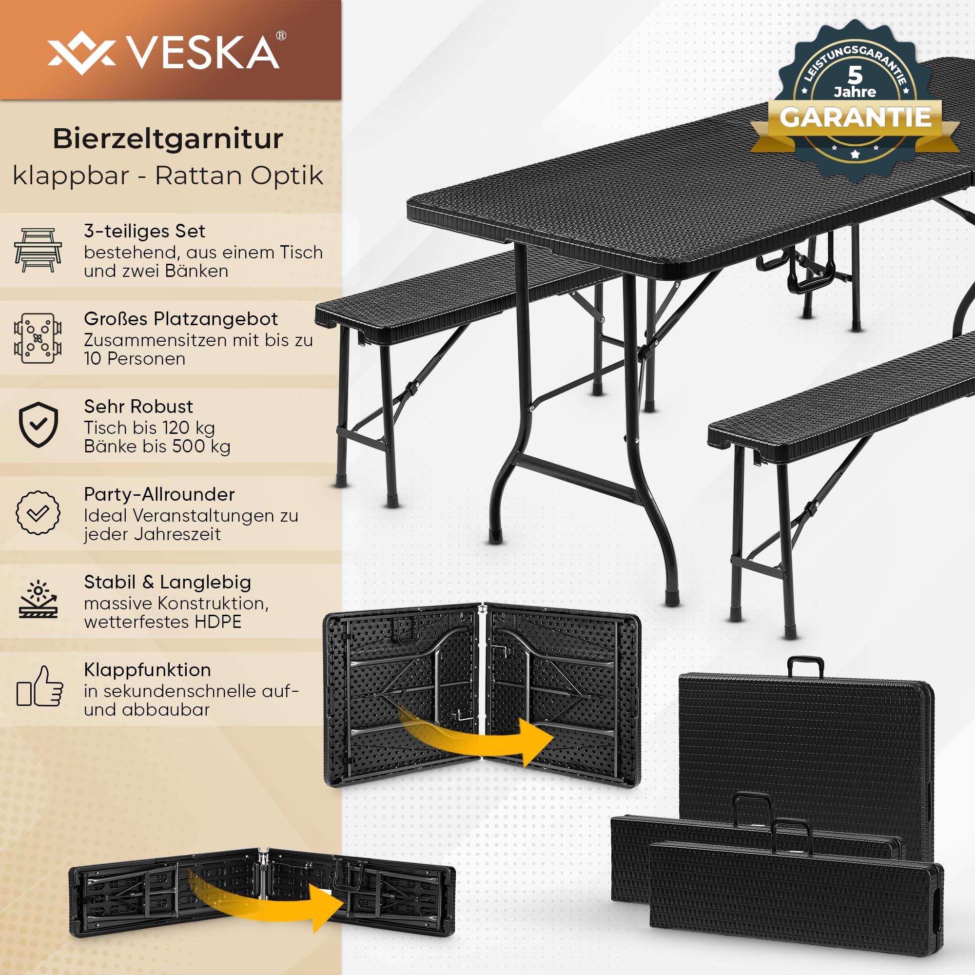 VESKA® Bierzeltgarnitur 3-teilig Set Tisch + 2x Bank, wetterfest für drinnen und draußen, klappbar mit Tragegriffen, Kunststoff, Gartengarnitur, Klapptisch, Gartentisch 180 cm Rattan-Optik (anthrazit)