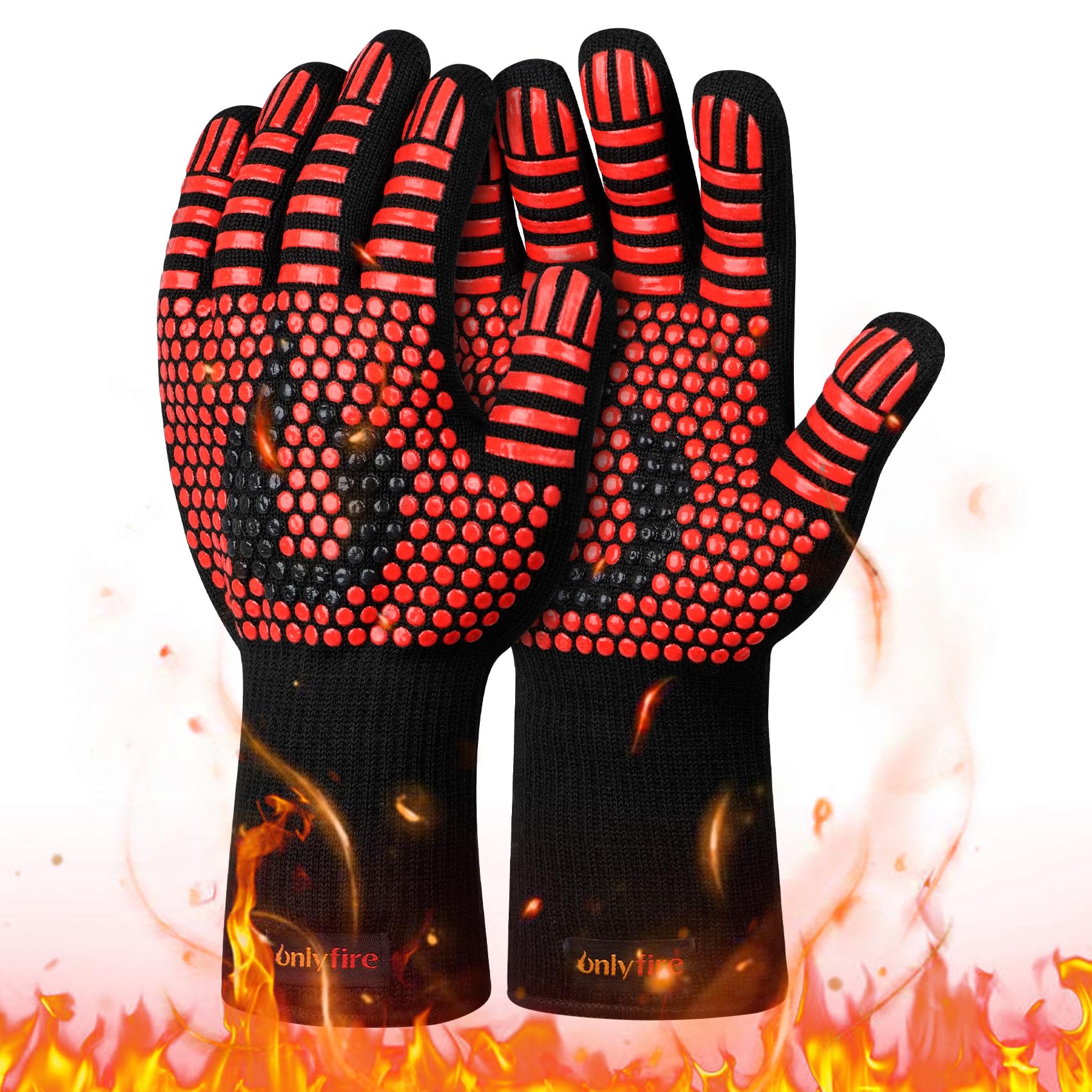 Onlyfire rękawice do grillowania, odporne na temperaturę do 800°C, rękawice kuchenne, antypoślizgowe, odporne na wysoką temperaturę, ogniotrwałe, rękawice do grilla, gotowania, pieczenia, czerwone