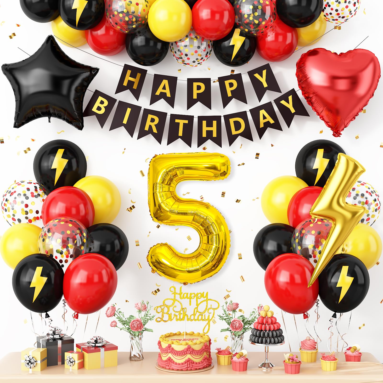 Photo 1 of 5th Birthday Decorations for Boys,Red Black Yellow Birthday Balloon Kids Printed Number 5 Balloons Banner Cake Topper Boy Girls Party Decor
