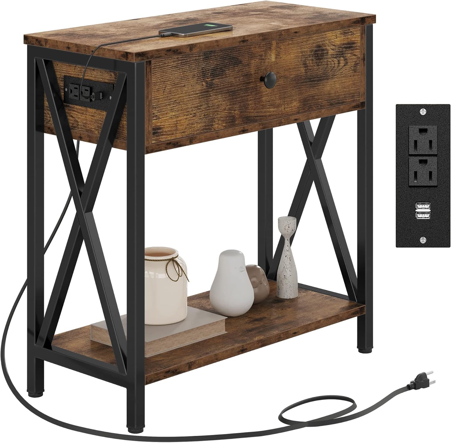IRONCK Side Table, End Tables with Charging Station, USB Ports & Power Outlets, Pull-Down Drawer, for Small Spaces, Living Room, Bedroom, Rustic Brown