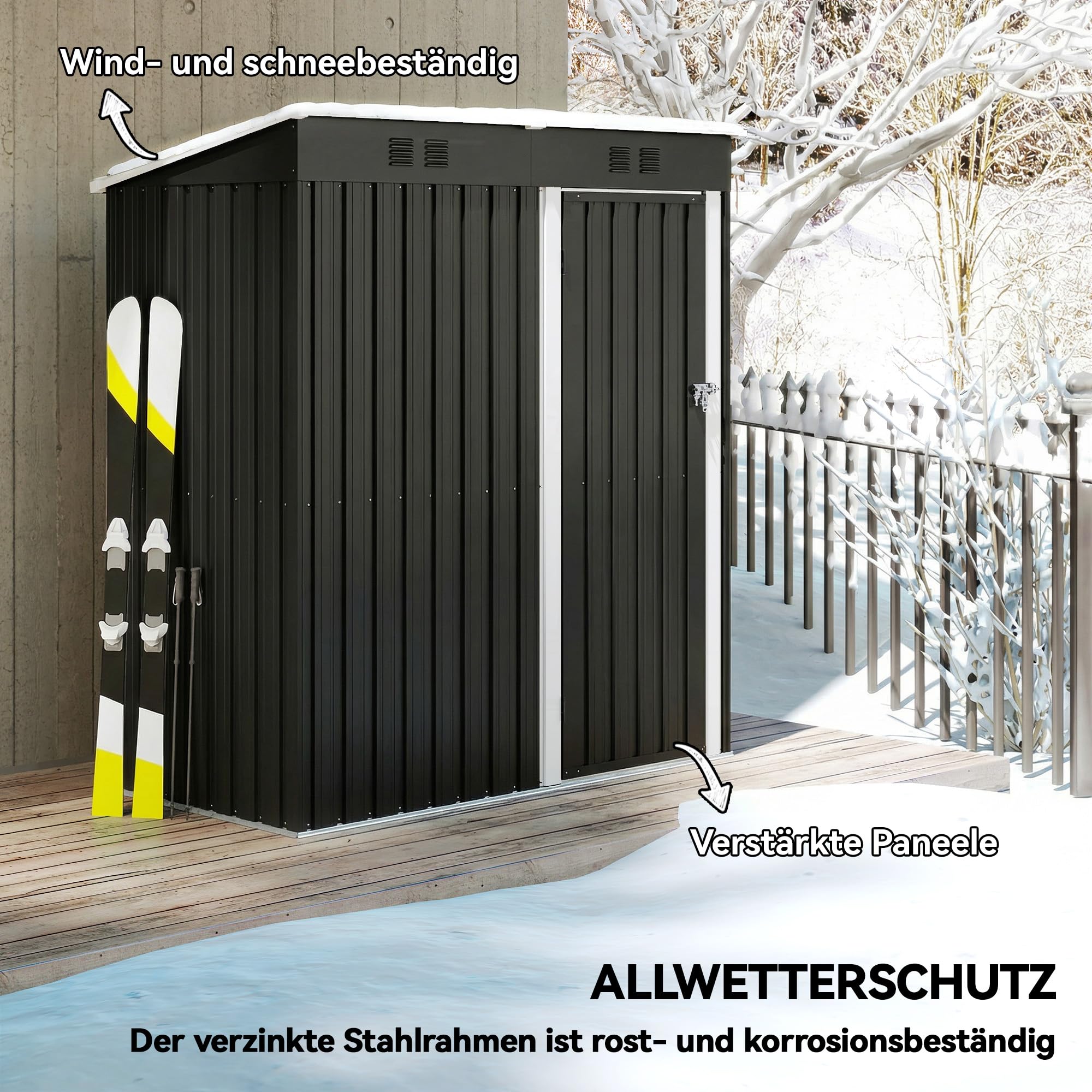 Outsunny Metalowy schowek na narzędzia 1,37 m², zamykany schowek z pochyłym dachem, wentylacją, rękawicami, 163 x 90 x 179 cm, odporny na warunki pogodowe, do ogrodu, tarasu, podwórka, ciemnoszary