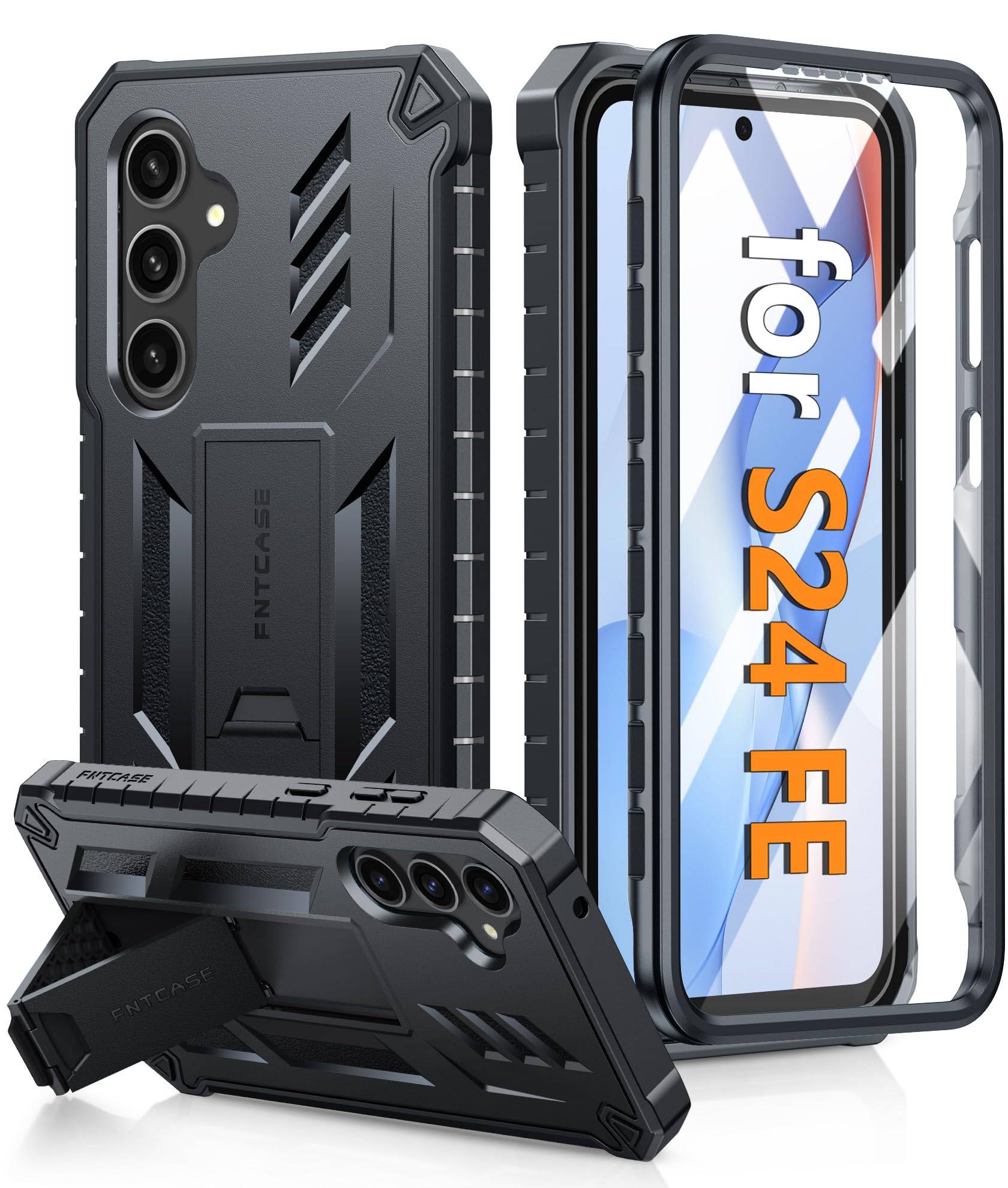 FNTCASE for Samsung Galaxy S24-FE Case: Military Grade Drop Proof Protection Mobile Cover with Kickstand | Matte Textured Rugged Shockproof TPU | Protective Sturdy Phone Case Black