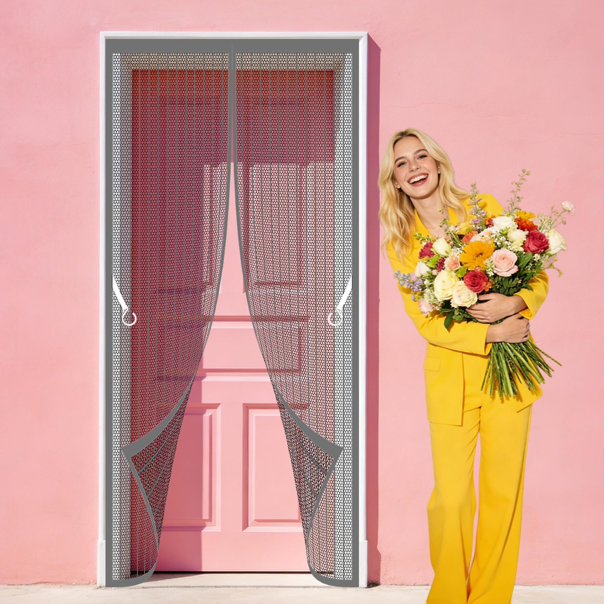 Pshcee Grey Polyester Magnetic Door 110 X 268 Cm Automatically Closes Fly Bug Mosquito Mesh Curtain Hands Free Auto Closing For Living Room, Bedroom, Patio,