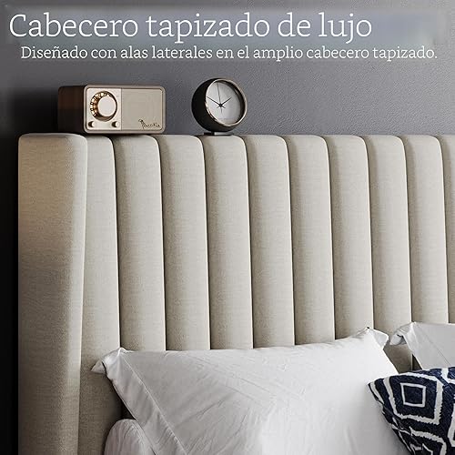 Miniatura 8 de Yaheetech - Base de cama matrimonial con plataforma tapizada y cabecera de tela, diseño de borde ala, antideslizante y silenciosa, soporte de