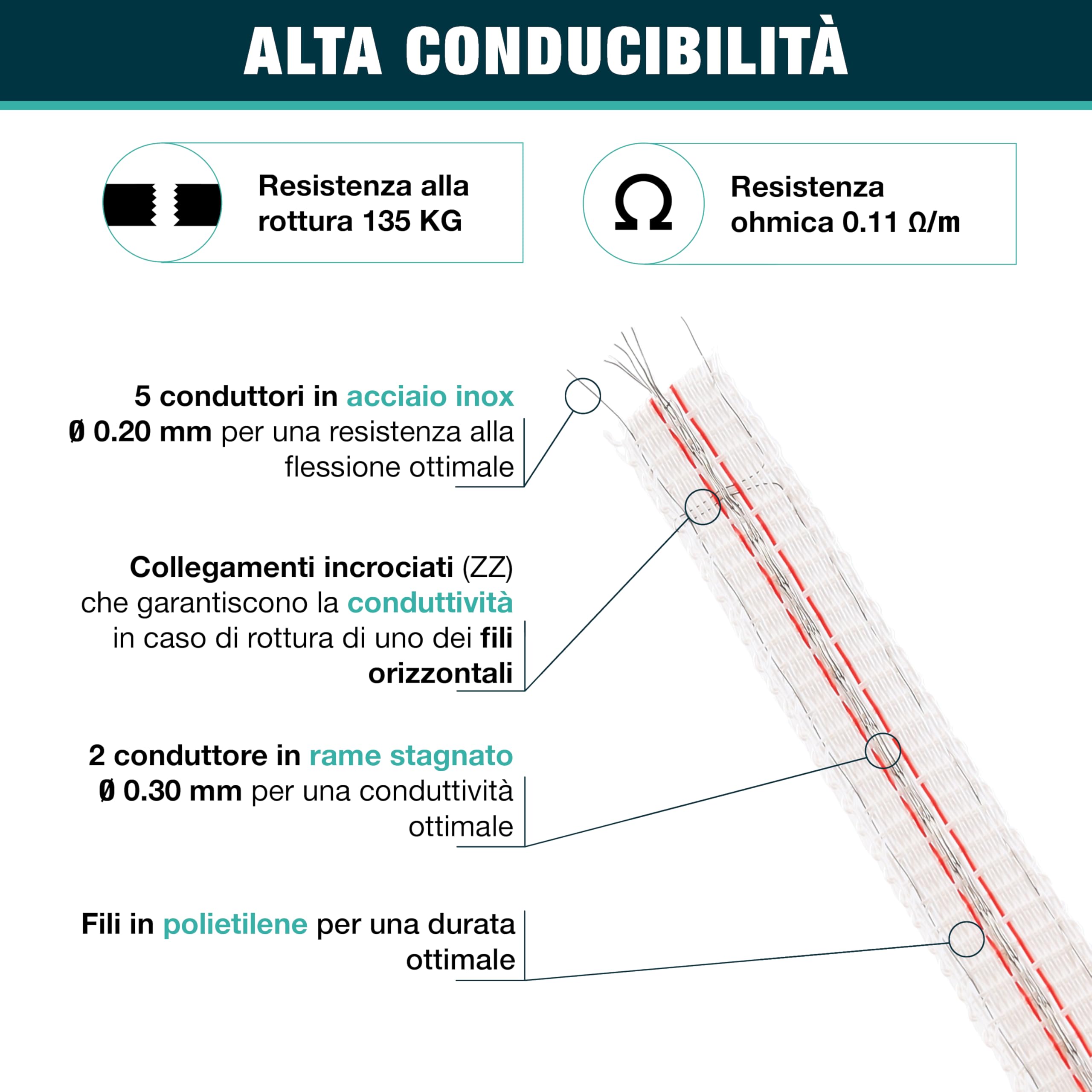 Nastro ZZ per Recinto Elettrico 12,5 mm - 5 fili in acciaio inox 0,20 mm e 2 fili in rame 0,30 mm - Bobine da 200 m/400 m - Ideale per recintare cavalli, mucche, pecore e capre