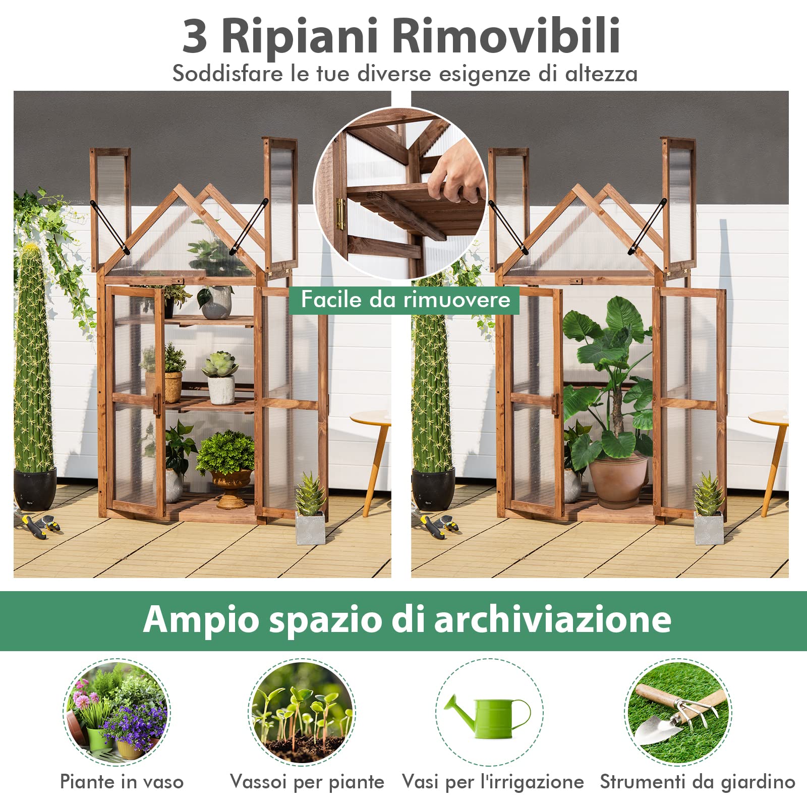 COSTWAY Mini Serra da Giardino in Legno a 3 Livelli, Serra da Giardino con Coperchio Apribile, Ripiani Rimovibili, Serra a Forma di Casetta da Interno ed Esterno, 71 x 41 x 133 cm