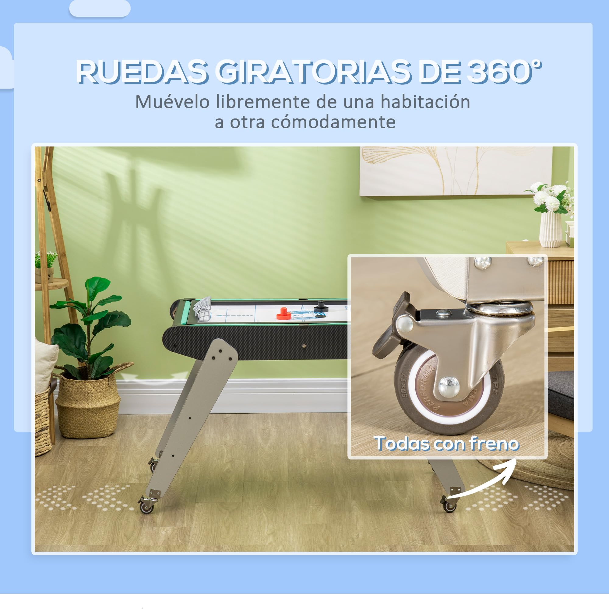 HOMCOM 6 en 1 Mesa Multijuegos para Niños de 7+ Años con Ruedas Mesa de Billar Ping Pong Futbolín Aro de Lanzamiento Hockey sobre Hielo Aire Hockey para Hogar Familia 120x88x79 cm Negro y Gris