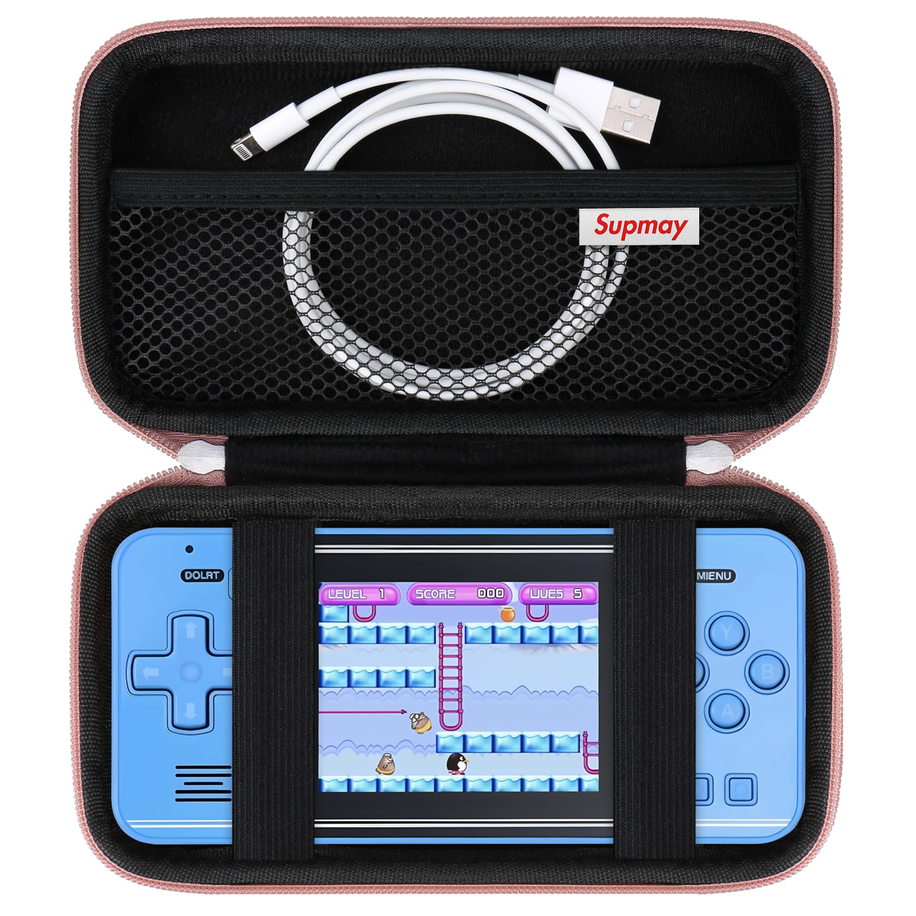 Hard Carrying Case for TEBIYOU Handheld Game Console, Preloaded 218 Retro Video Games, Portable Gaming Player Travel Storage Holder with Mesh Bag for USB Cable, Battery, Black, Rose Gold+Black