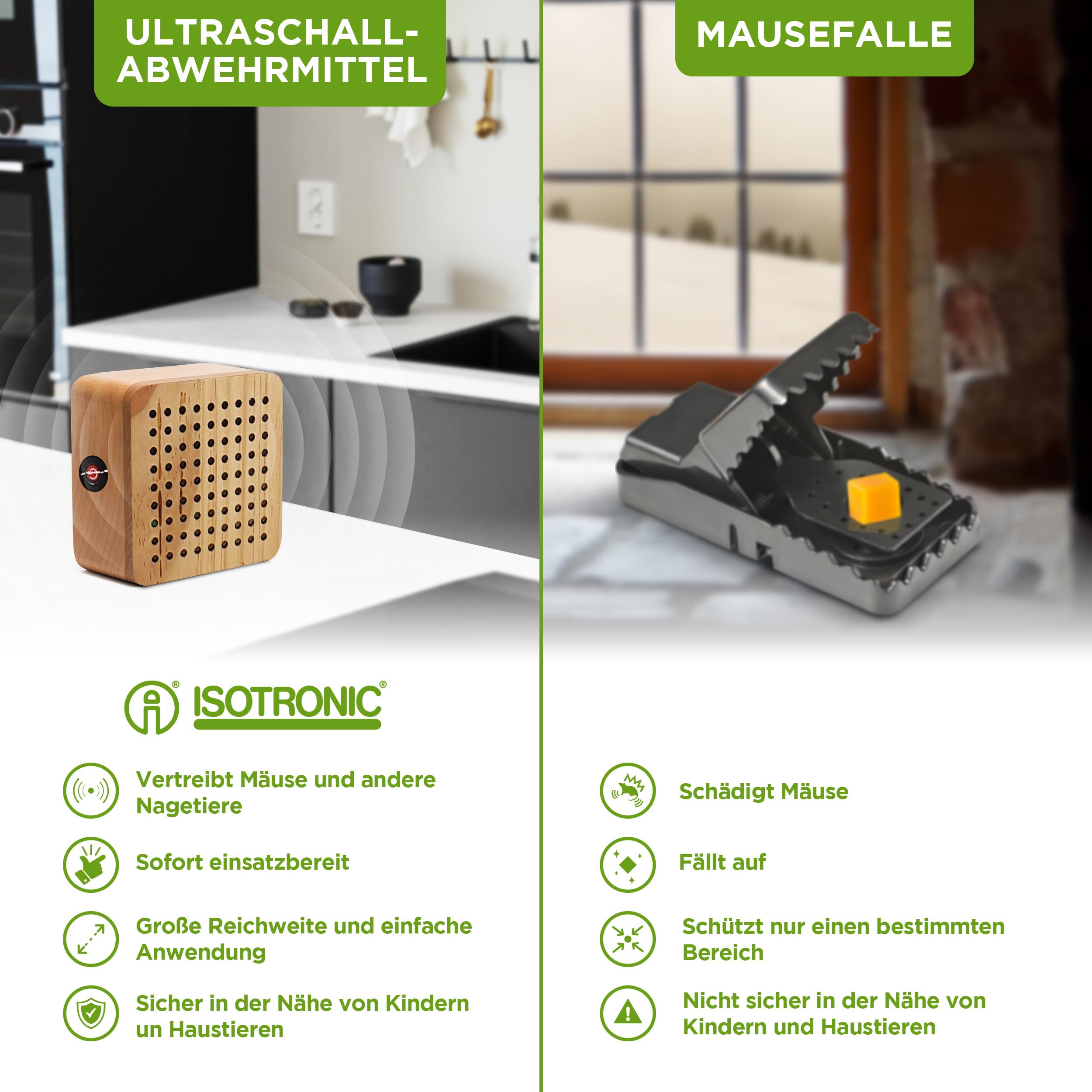 ISOTRONIC Ultraschall Mäuseabwehr zum Mäuse & Ratten vertreiben – Schädlingsvertreiber für Dachboden, Keller, Garage & Garten – Mäuseschreck ohne Gift & Mausefalle – 40m² Wirkungsbereich (1 Stück)