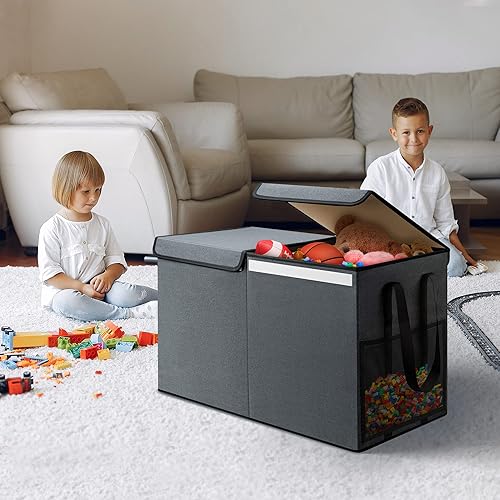 Miniatura 10 de Caja grande de almacenamiento de juguetes con bolsillos de malla, organizador de juguetes plegable con tapas para niños, niñas, pecho ideal para
