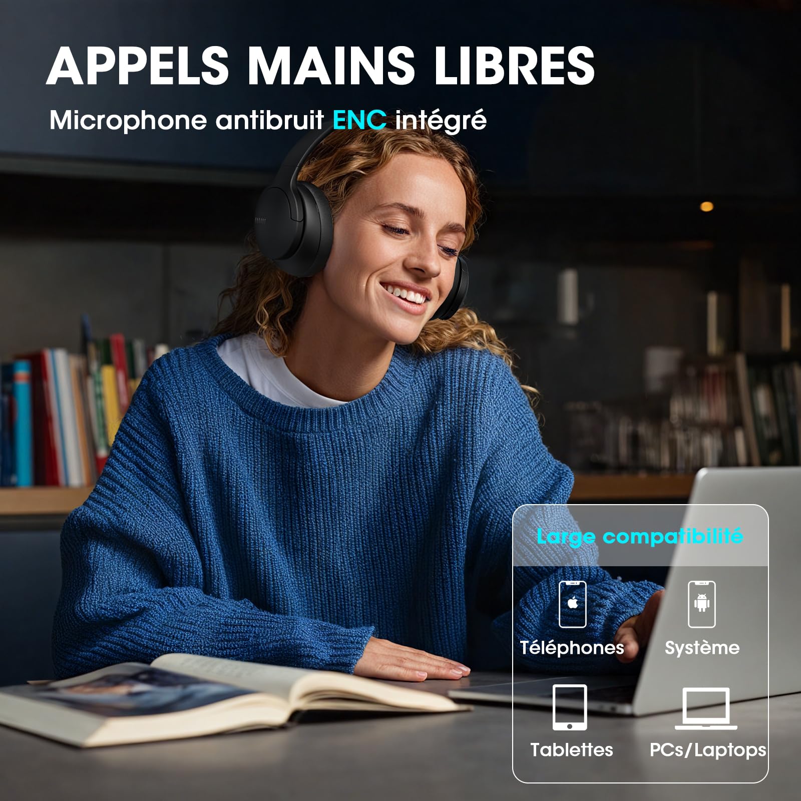DOQAUS Casque Bluetooth sans Fil 90H Durée Lecture avec 3 Modes EQ Bluetooth 5.3, Casque Bluetooth,Cache-Oreilles protéines Souples,Casque sans Fil stéréo HiFi Microphone pour Voyage/Travail/Vie