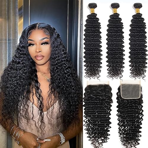 DDSNNT Extensiones de cabello humano ondulado profundo con cierre (20 22 24+18) húmedo y ondulado 10A 100% cabello humano brasileño sin procesar, 3