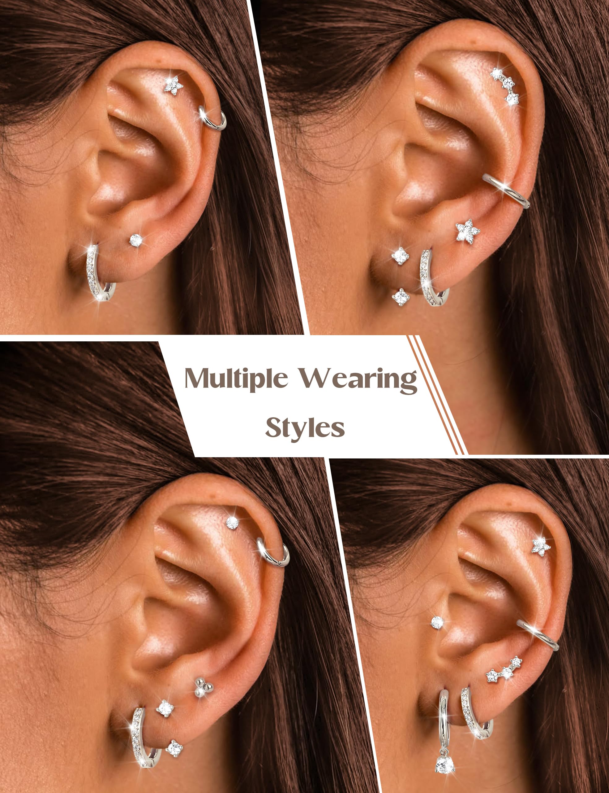 Diamday 7 par srebrnych kolczyków dla kobiet, hipoalergiczne kolczyki koła ze stali chirurgicznej, złote sztyfty, zestaw kolczyków Huggie, helix, tragus, muszla, biżuteria, zestaw kolczyków do