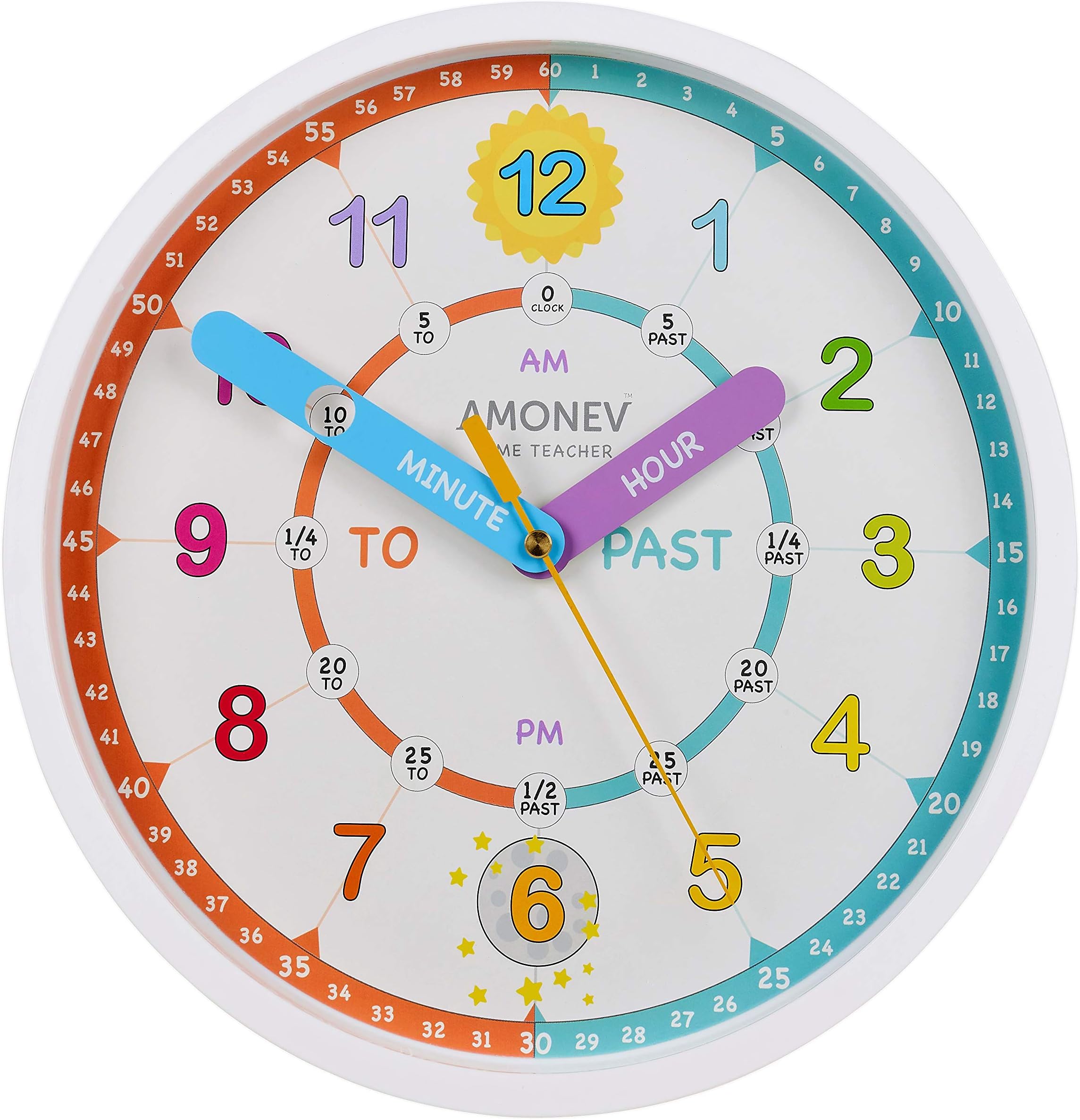 Amonev Time Teacher Clock (V4) Children's Clock, Easy to Read Analogue Clock with Silent Ticking. Teach Children How to Tell the Time - Multicolour