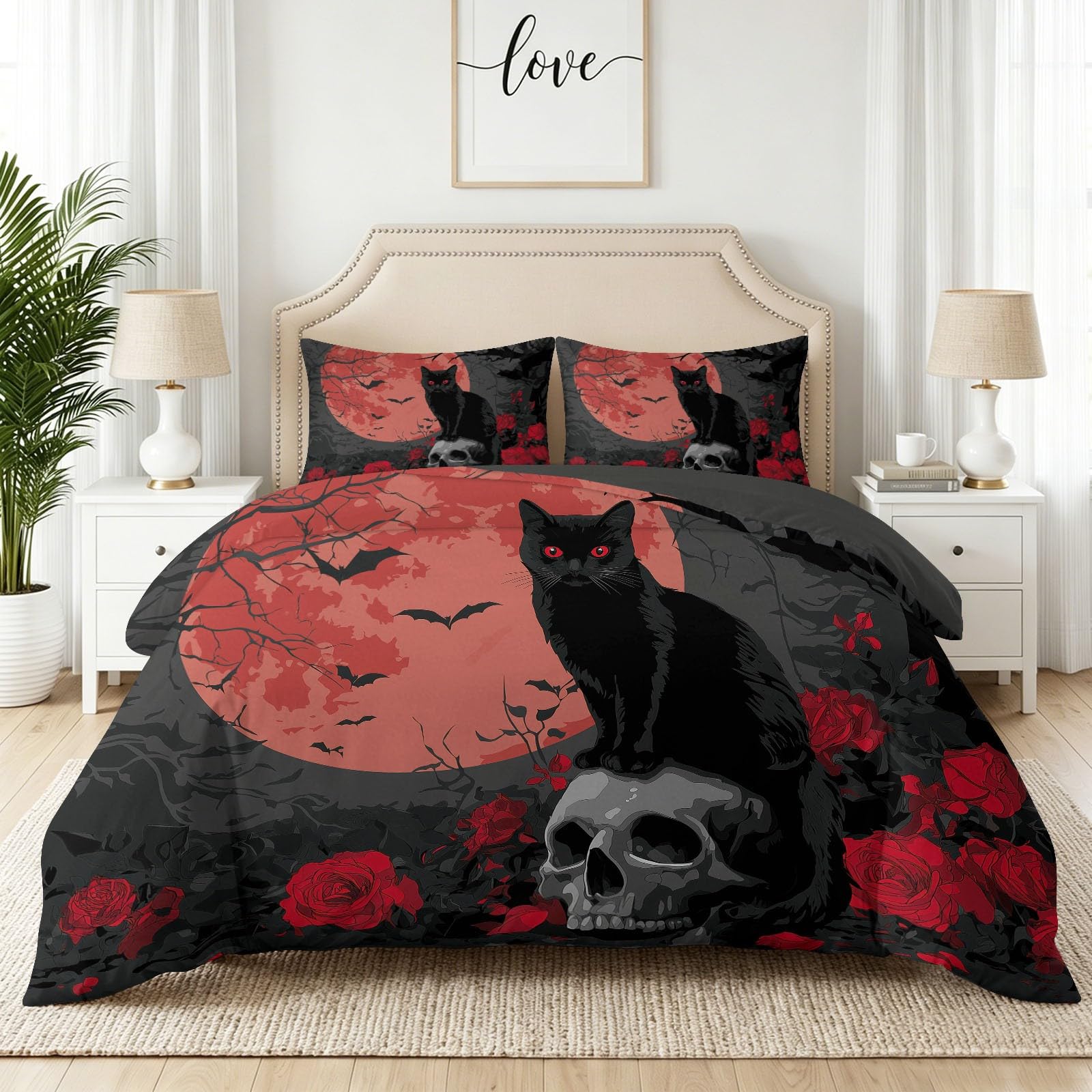 Juego de funda de edredón y funda de almohada de Halloween con diseño gótico rosa, calavera de gato negro, luna roja, ropa de cama de microfibra suave, 260 x 220 cm, reversible, hipoalergénica, para