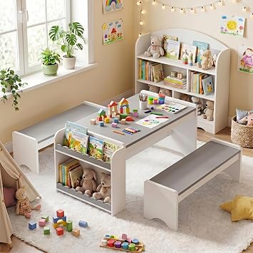 Kids Table and Bench Set, Montessori Kids Table and Chair Set, Indoor Wooden Toddler Activity Table with Bookshelves, 37X22 Desktop, Children Desk for Home, Classroom, Boys, Girls (Grey)