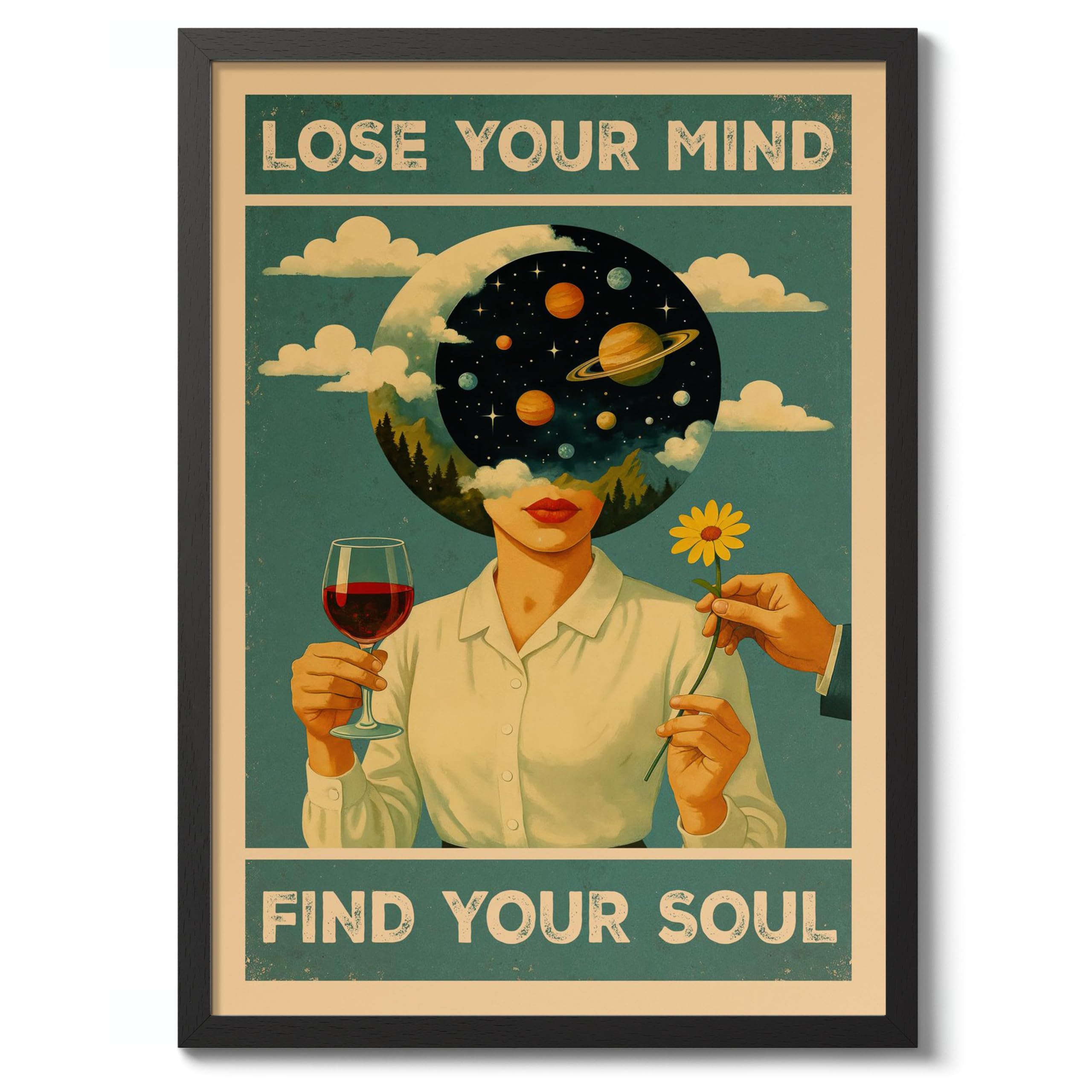 Lose Your Mind, Find Your Soul Ii Poster, Retro Animal Bathroom Print, Comedy Toilet Wall Art, A1 (Black Frame) - 86.9x62.4cm