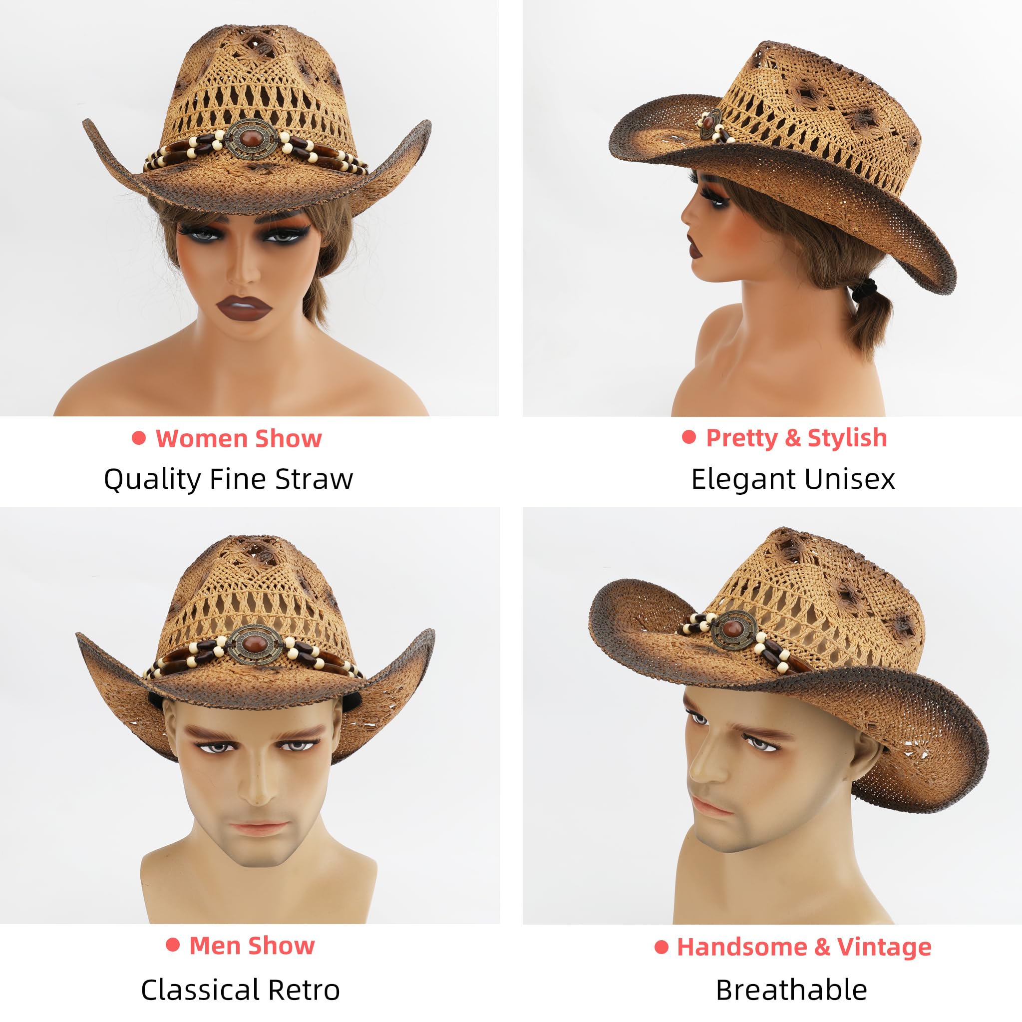 Cappello da cowboy in paglia per donne e uomini con tesa larga modellabile cappello da cowgirl