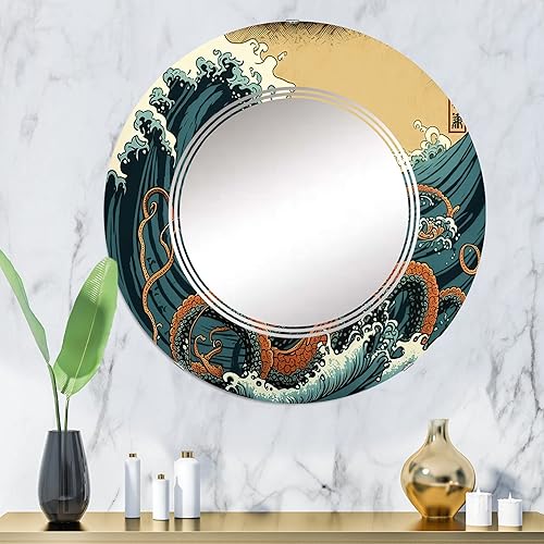 Miniatura 2 de DesignQ Espejo de tocador con paisaje japonés con pulpo III, espejos de baño, espejos de pared para sala de estar, dormitorio, espejo redondo,