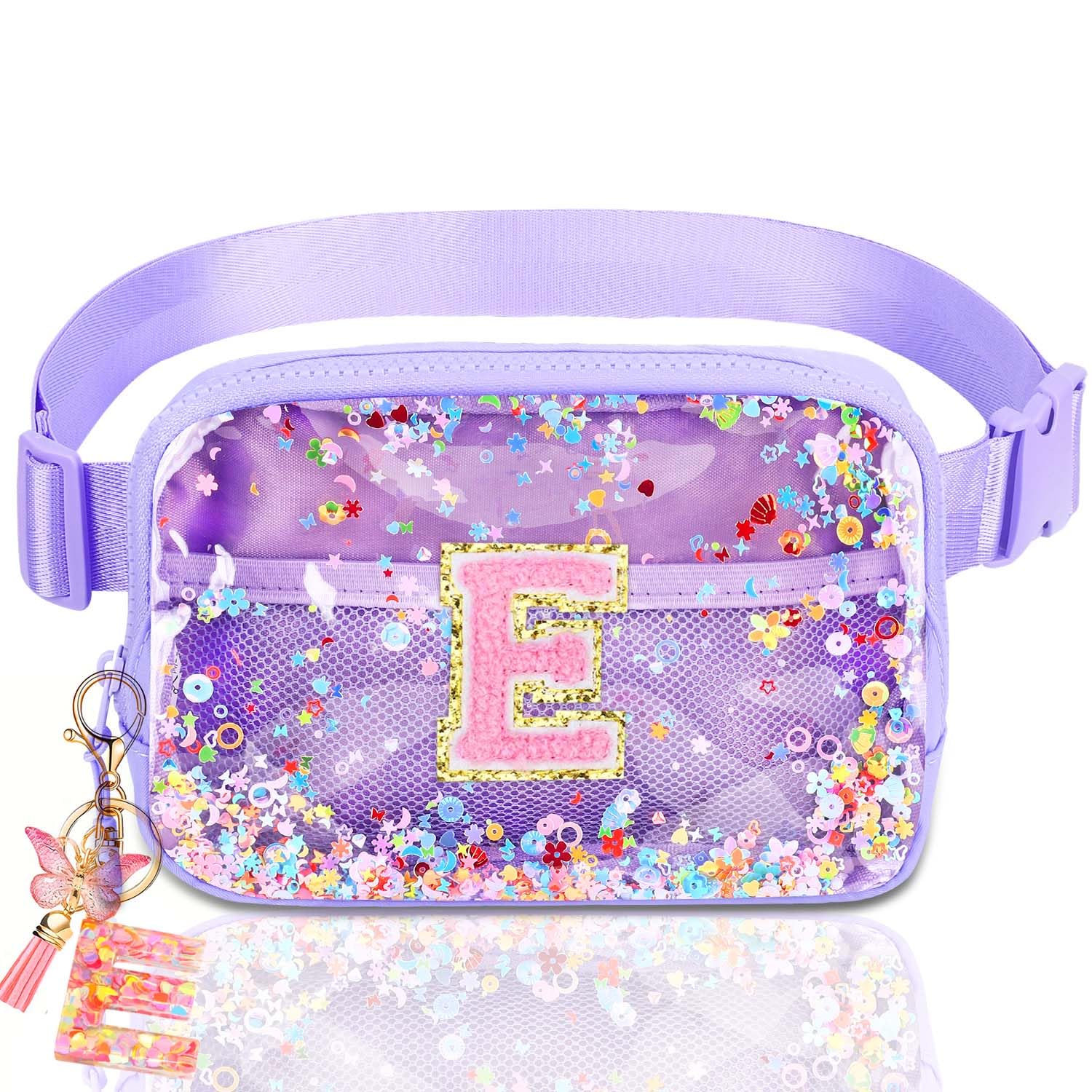 Initial Fanny Pack for Girls - Belt Bag for Teens Kid Teen Girl Kid Birthday Gift Clear Purple E