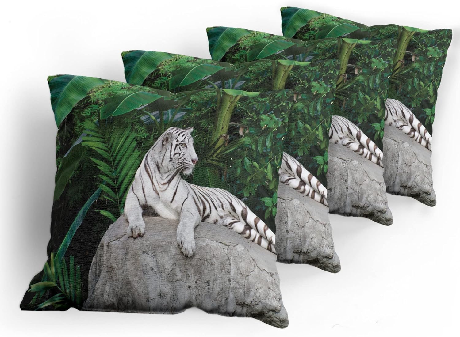 Ambesonne Safari Decorative Throw Pillow Case Pack of 4, White Tiger Setting on Stone Tropic Plants Leaves Wild Jungle Majestic, Cushion Cover for Couch Living Room Car, 18", Beige Green