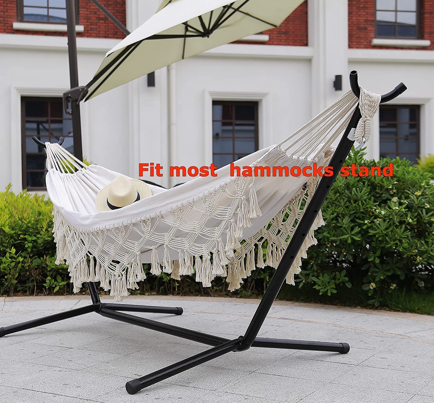 Hamac de Jardin Hamac d'extérieur Camping Lit hamac en Coton Hamacs à Franges en macramé Balcon bohème à Pompons Fait à la Main hamacs Double 2 Personnes (Blanc, 240x150cm, 200kg)