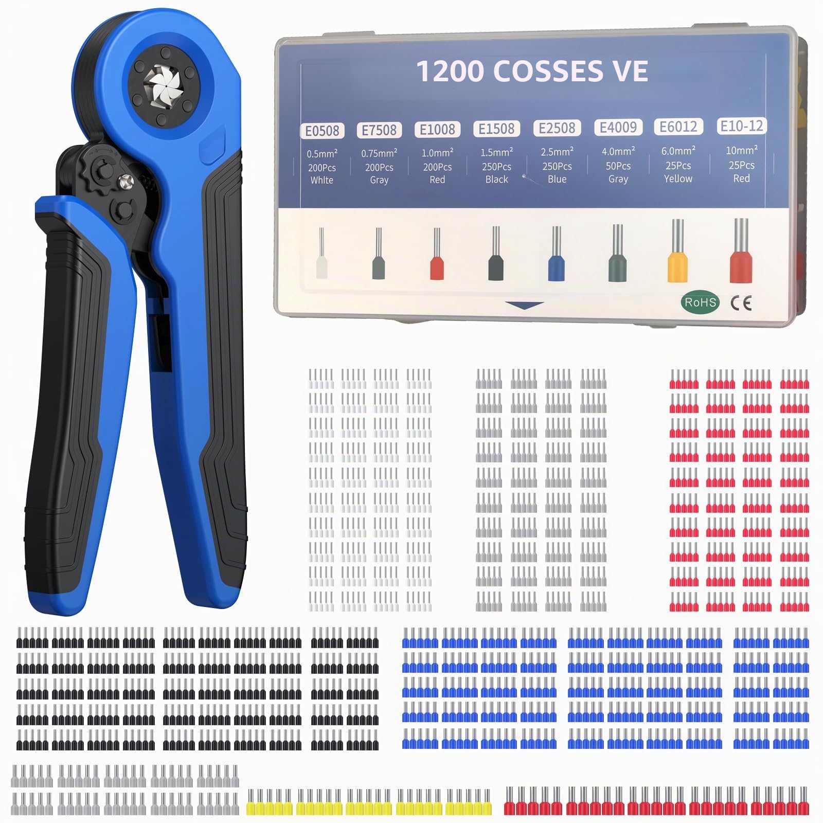 Cosses Electriques a Sertir Pince à Sertir Autoréglable à cliquet 0,5-10mm² | Caisse à Outils avec 1200 Connecteurs de Ferrule d'extrémité de fil pour Réparation électrique et Sertissage Câbles