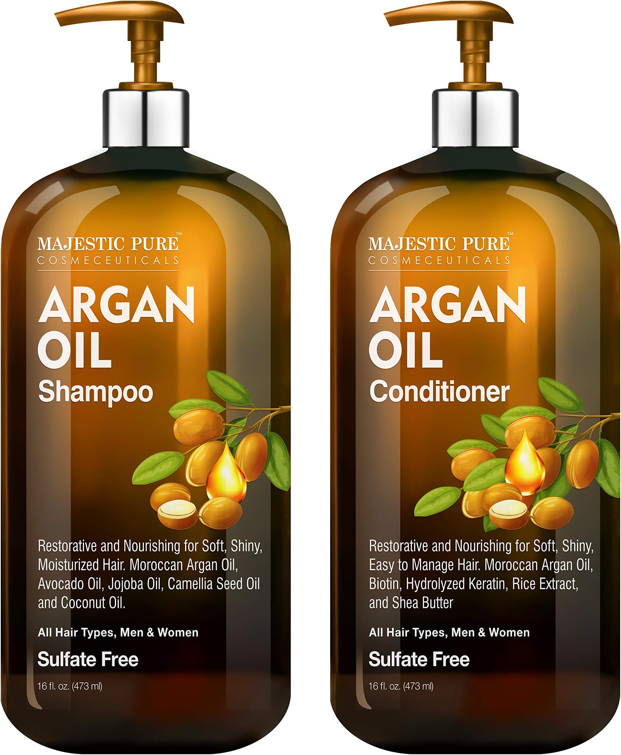Argan Oil Shampoo and Conditioner, from Majestic Pure, Improve formula Sulphate Free, Vitamin Enriched, Volumizing & Gentle Hair Restoration Formula for Daily Use, for Men and Women, 470ml Each
