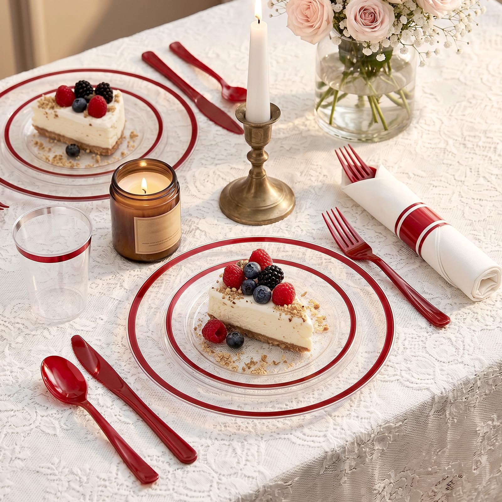 350 Clear Red Plastic Plates - 50 Guest Dinnerware -2 350 Clear Red Plastic Plates - 50 Guest Dinnerware -2