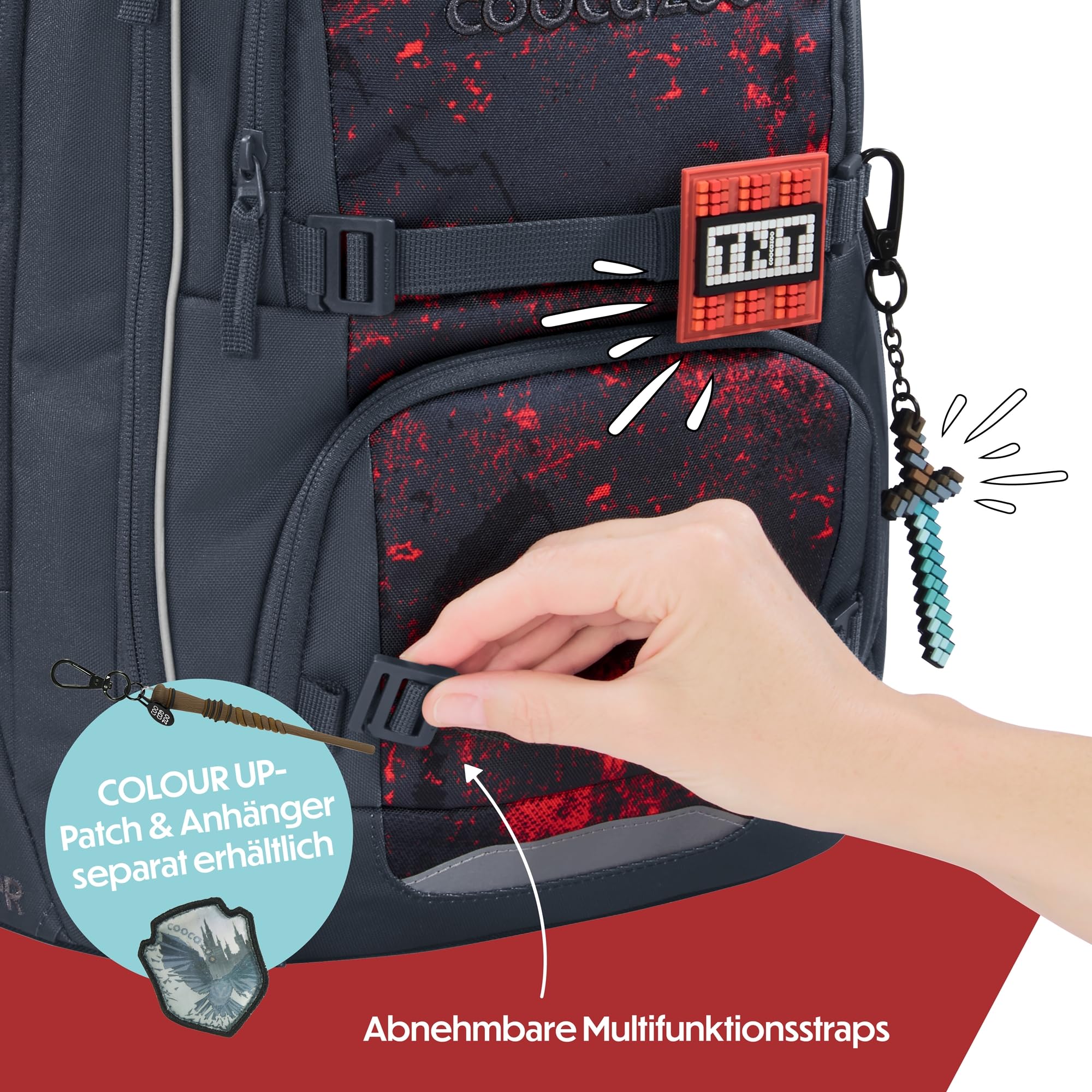 coocazoo Porter Schulrucksack „Broken Black”, schwarz-rot, ergonomischer & anpassbarer Tornister, höhen- & größenverstellbar, mit Brustgurt & Hüftgurt, ab der 3. Klasse