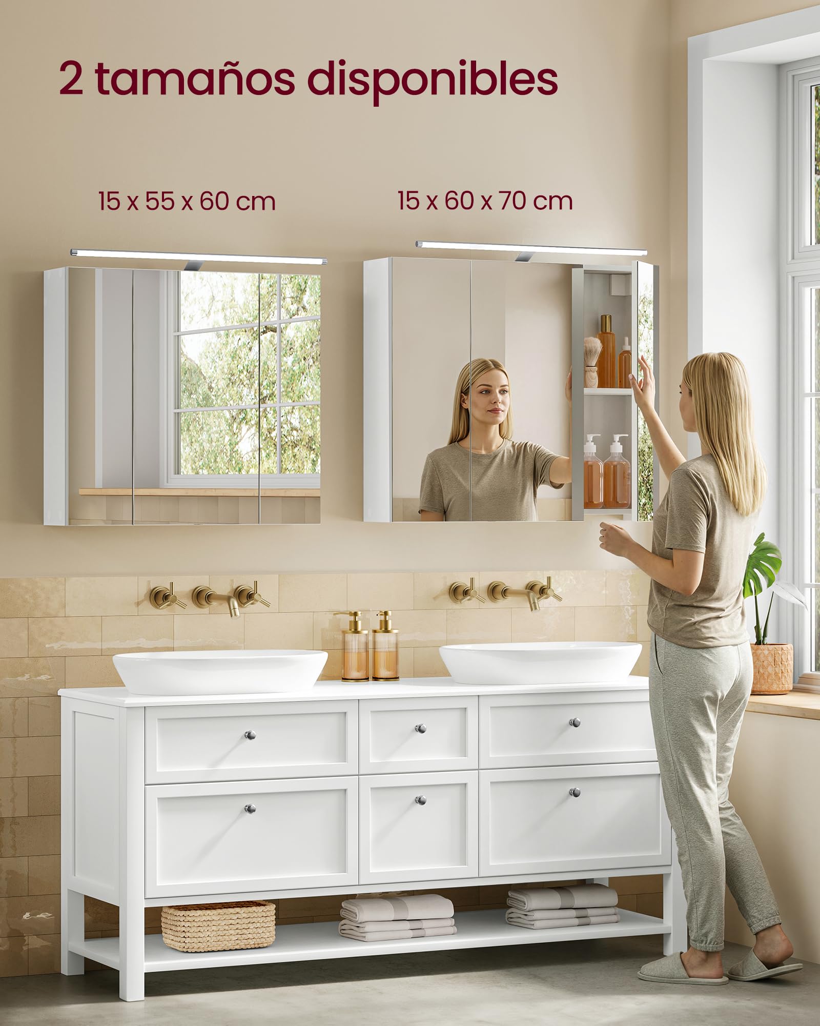 VASAGLE Kailyn Colección - Armario de Baño de Pared con 3 Puertas con Espejo e Iluminación, Estantes Ajustables, Estilo Moderno, 15 x 60 x 55 cm, Blanco Nube BBK138WB01