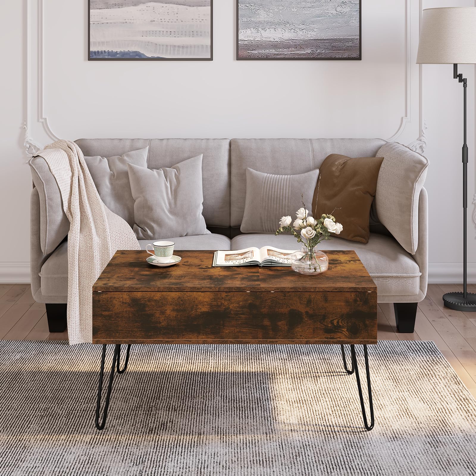 Verhoogde Salontafel Met Verborgen Vak, Industriële Banktafel Met Metalen Poten Vintage Bruin Verhoogde Salontafel Met Verborgen Vak, Industriële Banktafel Met Metalen Poten Vintage Bruin