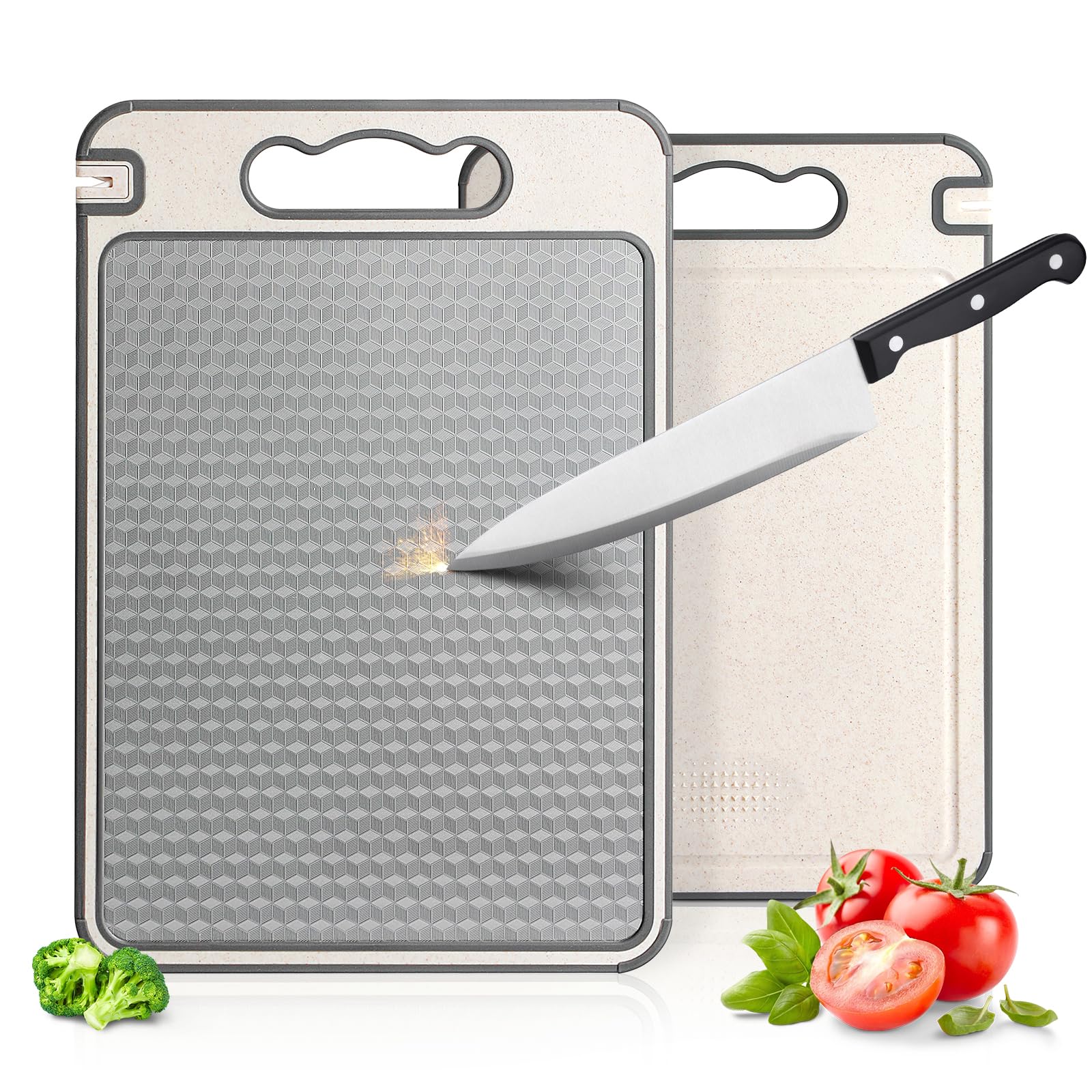 Tabla de cortar de acero inoxidable para cocina, 3 en 1 de doble cara, antideslizante, resistente a los arañazos, diseño de malla con ranura de jugo, apto para lavavajillas, fácil de limpiar, tabla de