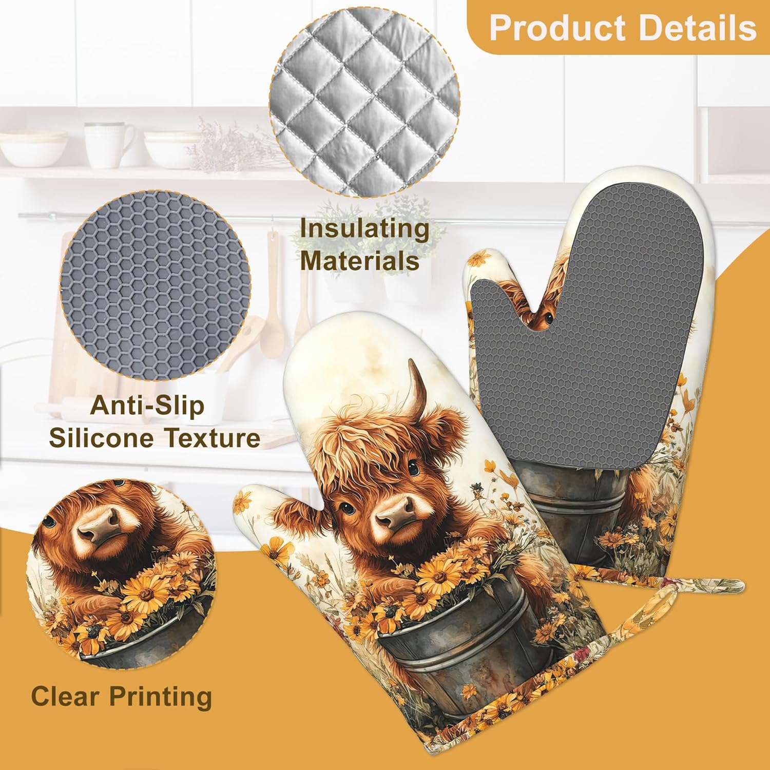 Highland Cow Oven Mitts and Pot Holders Sets of 4, Heat Resistant Cow Sunflower Silicone Oven Mitts Gloves Non-Slip Kitchen Mittens Potholders for Cooking Baking Grilling BBQ