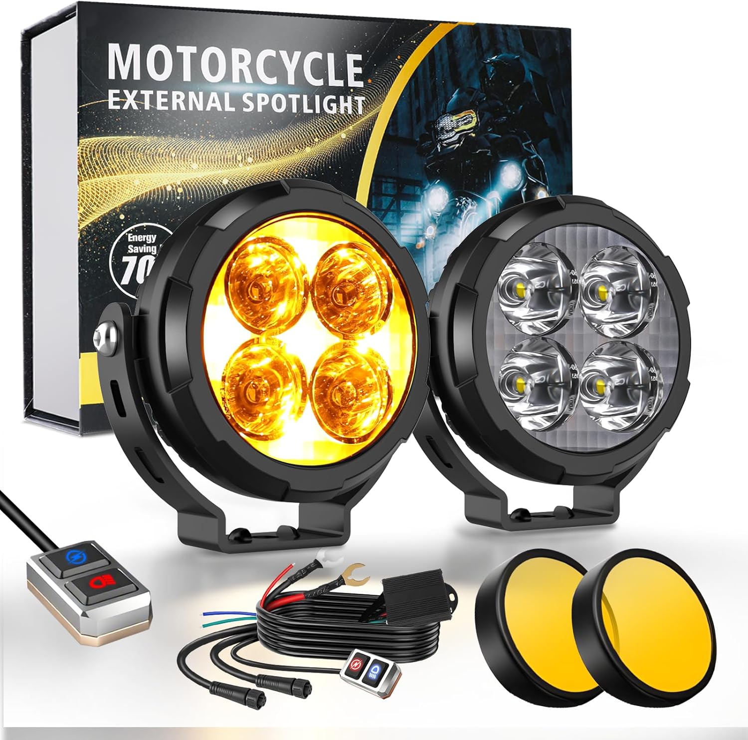 Motorcycle Auxiliary Fog Light Kit Driving Spotlights Amber/White High & Low Beam Strobe Compact Pods Light Kit with Bracket Wire Harness Waterproof, 15000LM Fog Lights for Motorcycle, Bike
