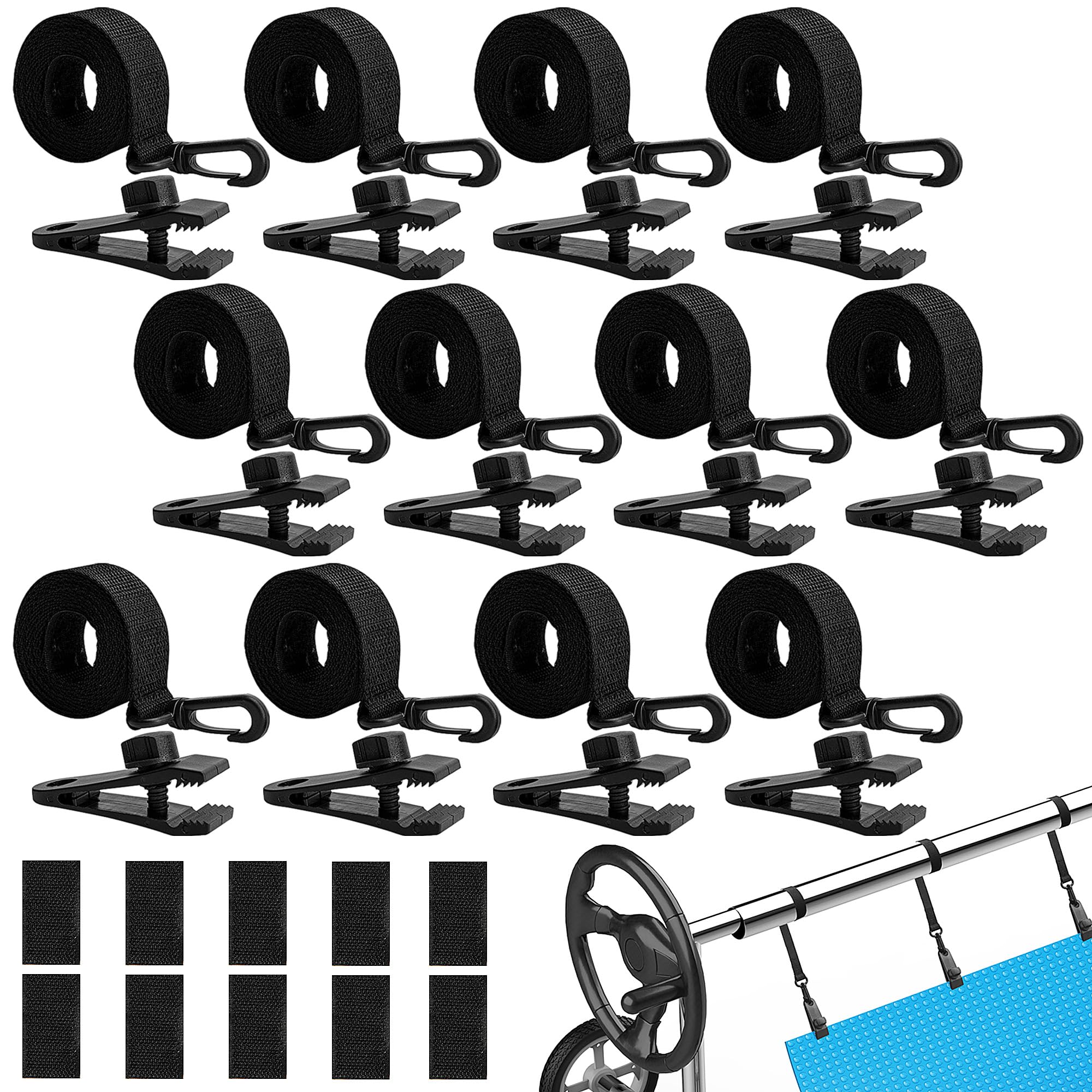 Avvolgitore per piscina, set di 12 nastri di fissaggio e accessori per sistema di avvolgimento mobile, pellicola solare guidabile per teloni da piscina, coperture
