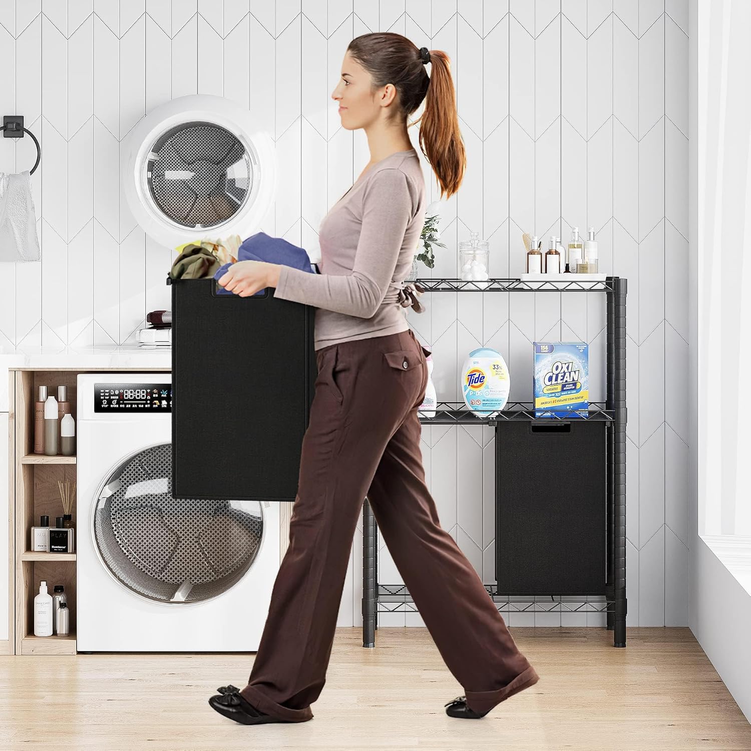 IDEALHOUSE 2024 NEW Laundry Basket – Collapsible Hampers for Laundry with 2 X 45L Laundry Bags & 3-Tier Adjustable Storage Shelf