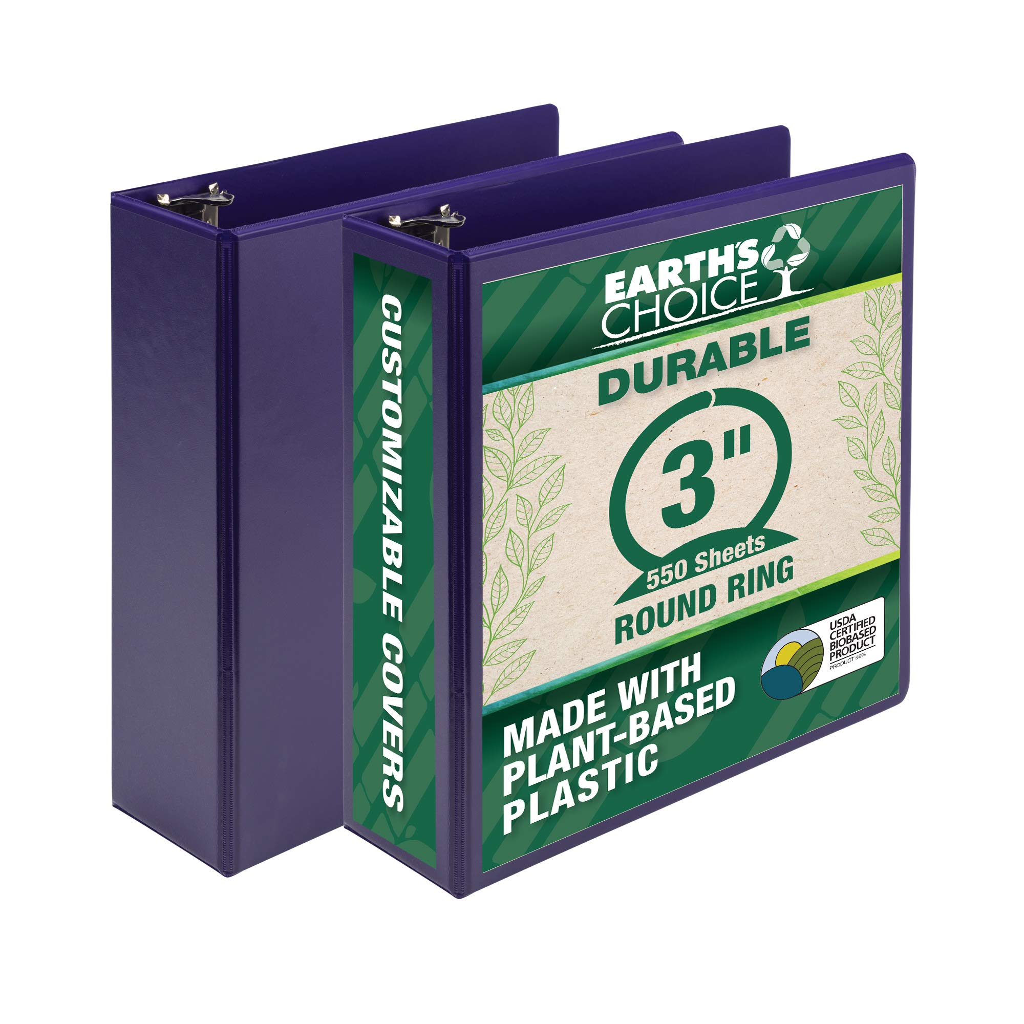 Samsill Earth’s Choice™, Durable Fashion Color 3 Ring View Binder, 3 Inch Round Ring, Up to 25% Plant Based Plastic, Eco-Friendly, USDA Certified Biobased, Purple, Value 2 Pack (U86808)