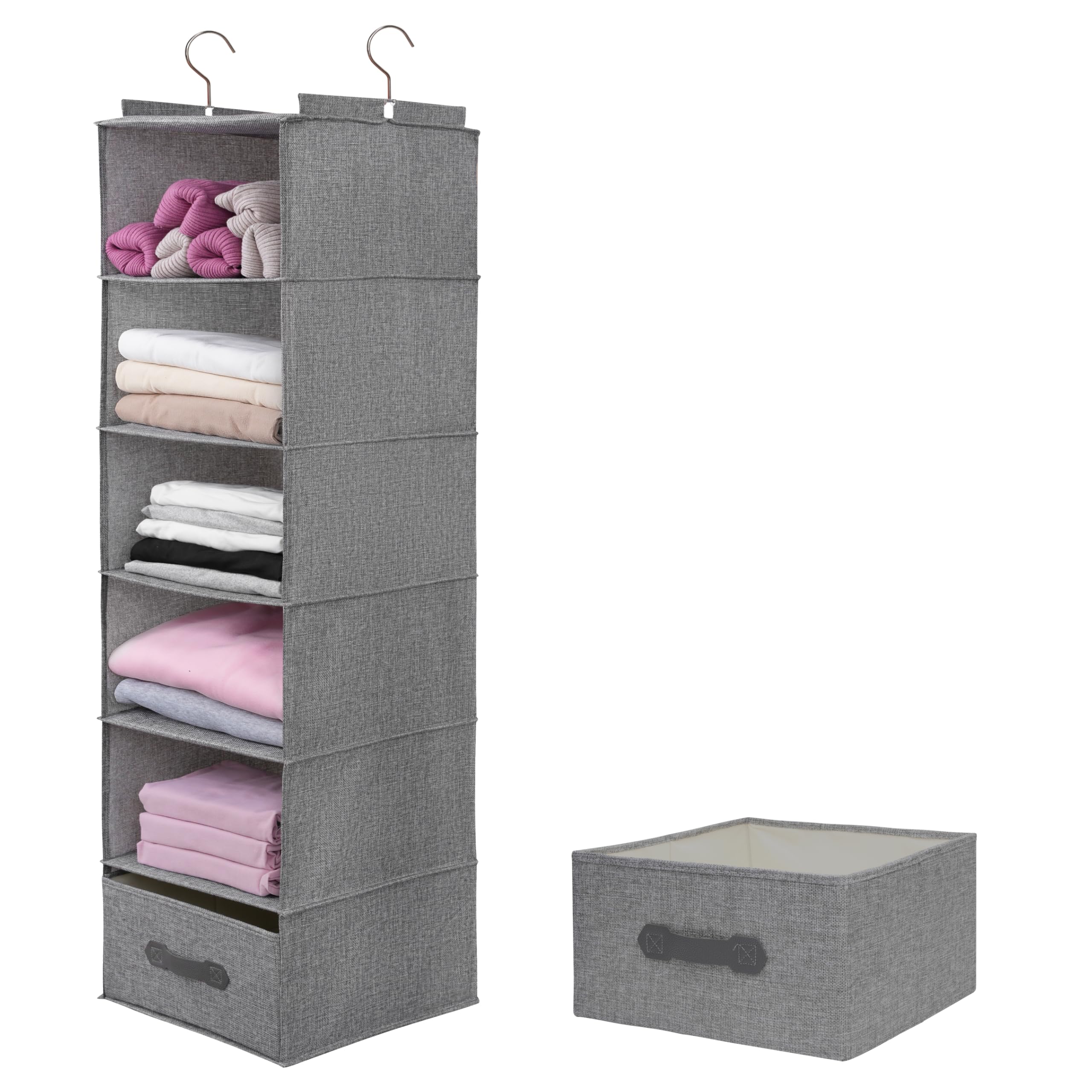 tulinstiraga Large Hanging Sweater Organizer for Closet,Collapsible 6-Shelf Hanging Closet Shelves with Drawers, Washable (Grey-6 Shelf-1 d)