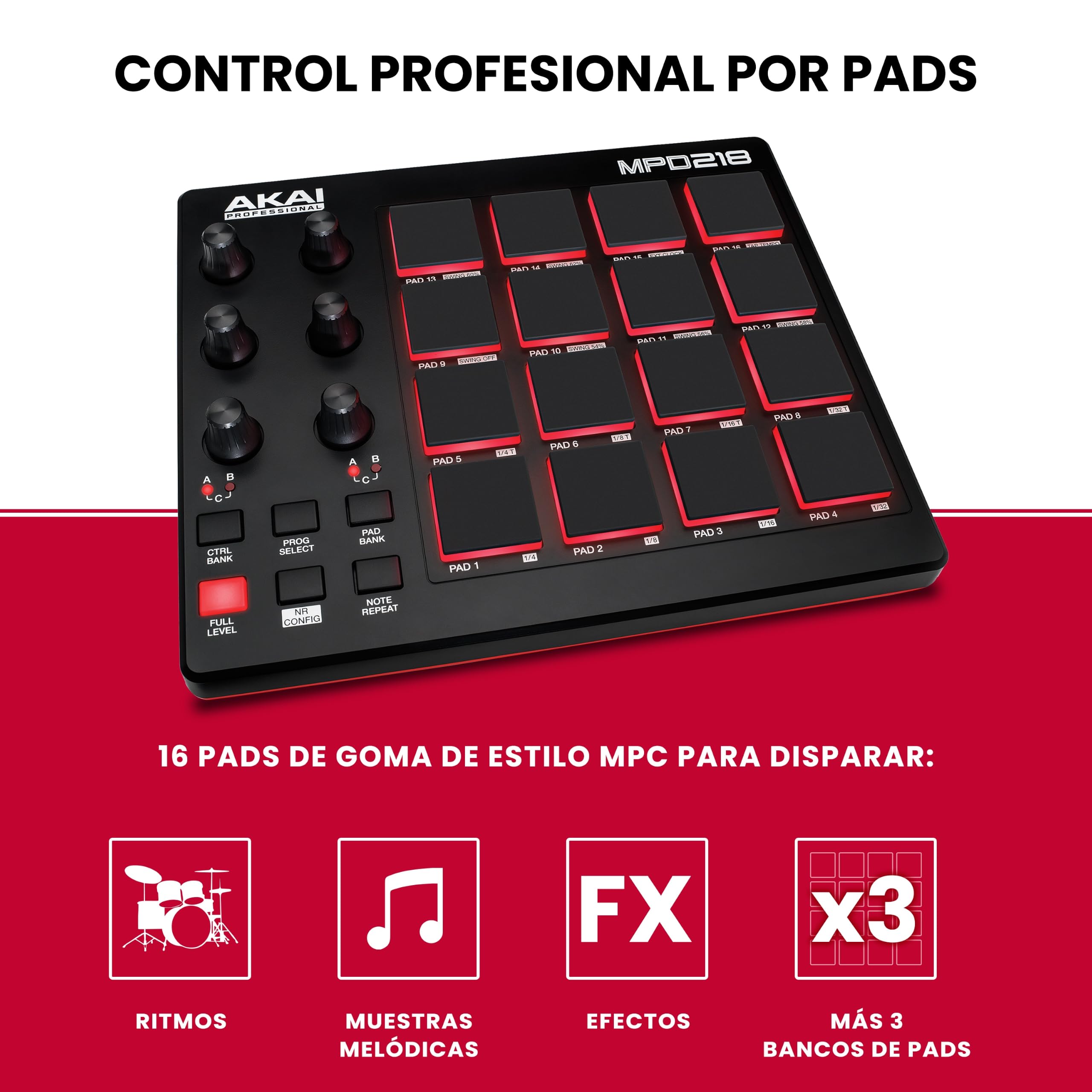 Akai Professional MPD218 Controlador MIDI Pad USB | 16 Pads MPC Sensibles a la Velocidad, 6 Perillas Asignables, Note Repeat, para Beatmakers y Producción