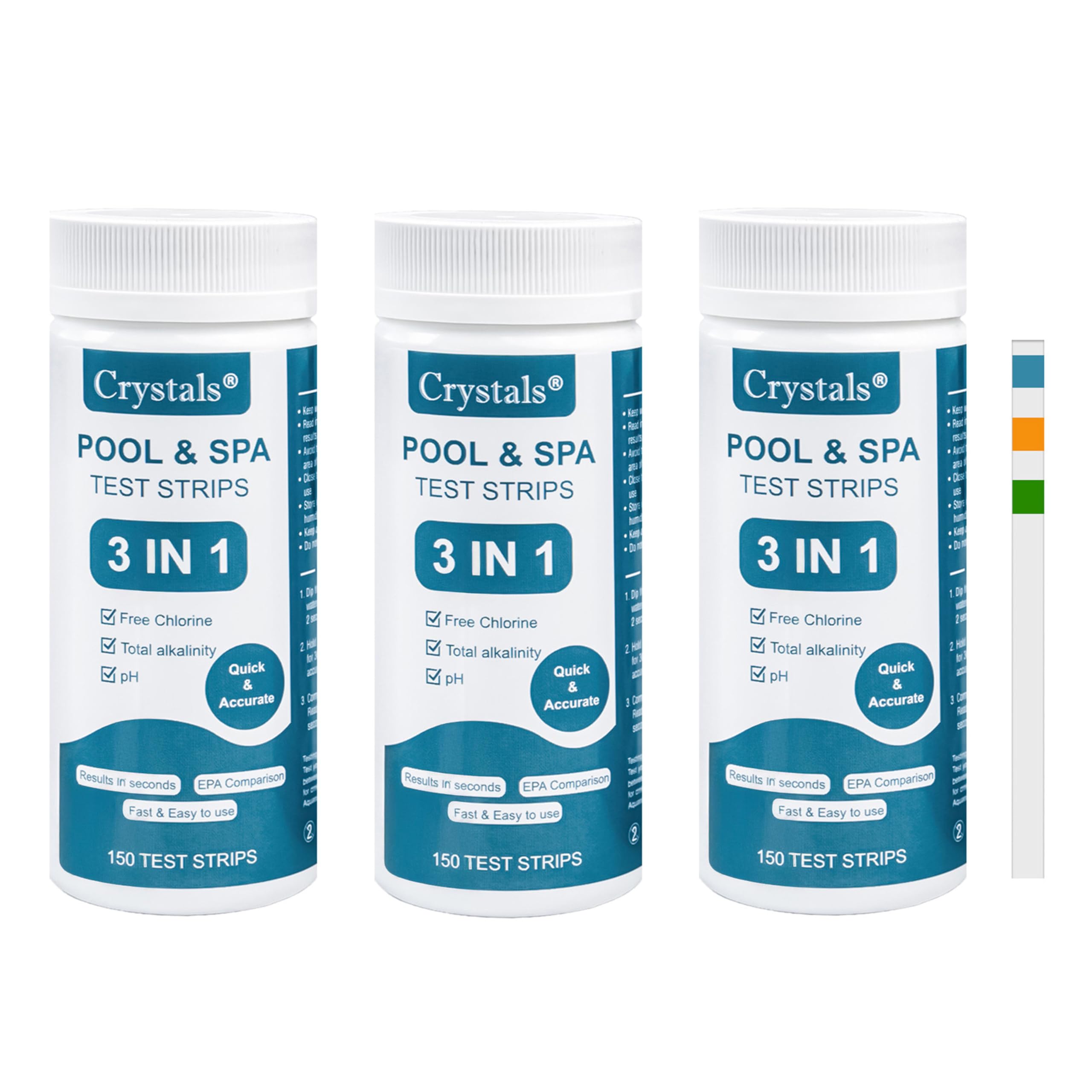 Crystals 450Pcs Hot Tub Test Strips 3 in 1 Pool & Spa Water Testing Kit – Chlorine, pH & Alkalinity Dip Test Strips for Swimming Pools, Hot Tubs, Jacuzzis & Easy Water Quality Control