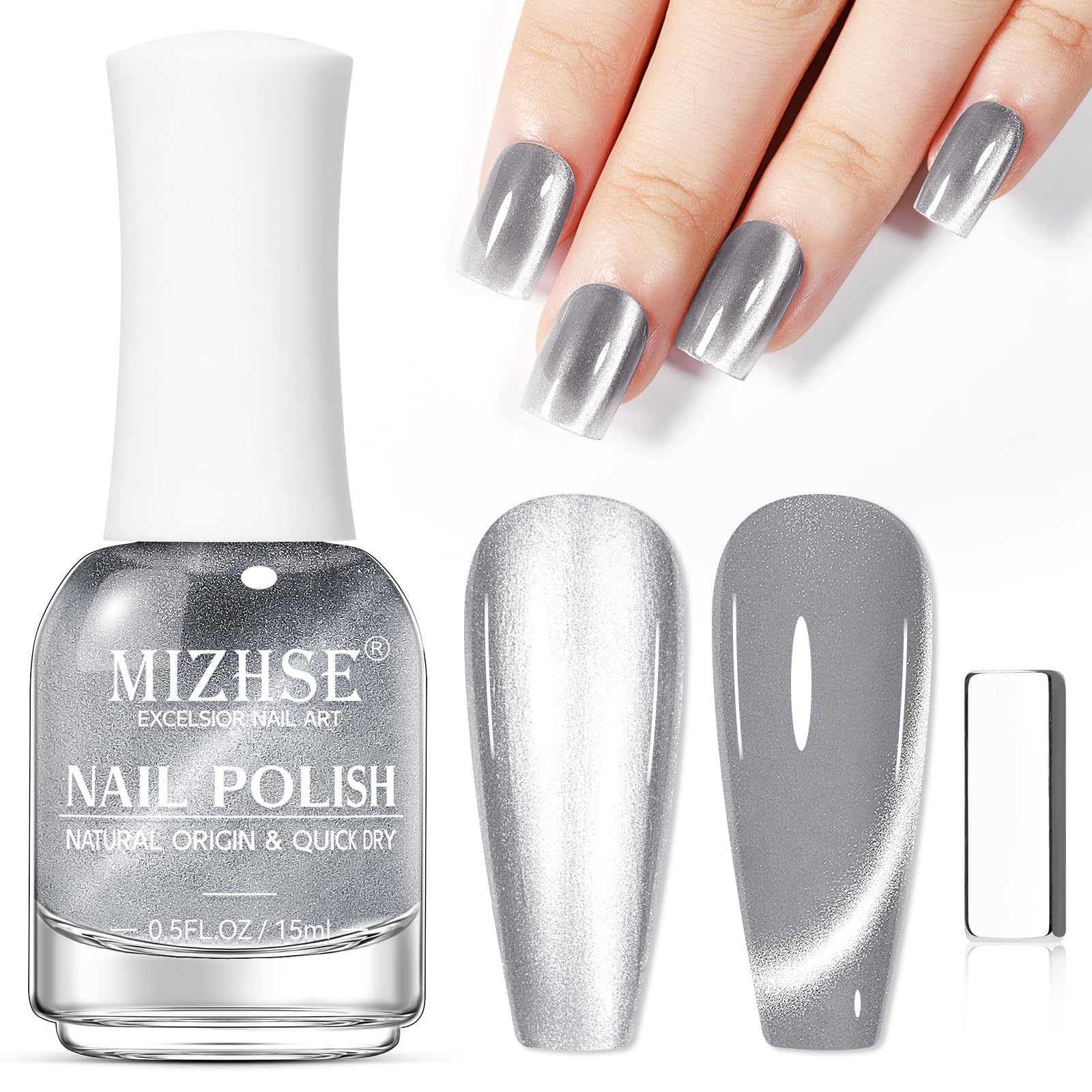 MIZHSE Silver Cat Eye Nail Polish Non Gel with Magnet | Magnetic