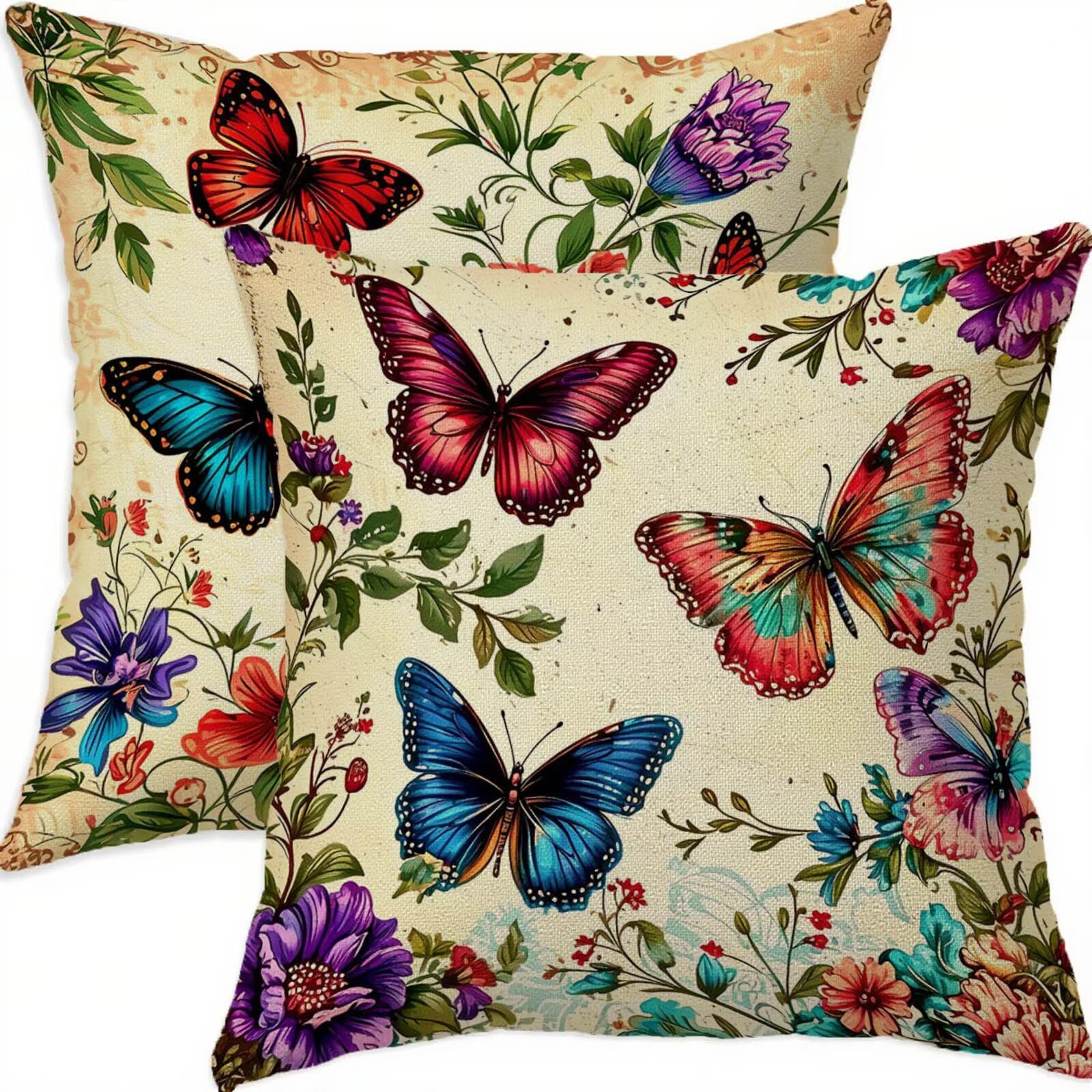 Housse coussin 65x65 vintage taie oreiller papillon imperméable lot de 2 salon