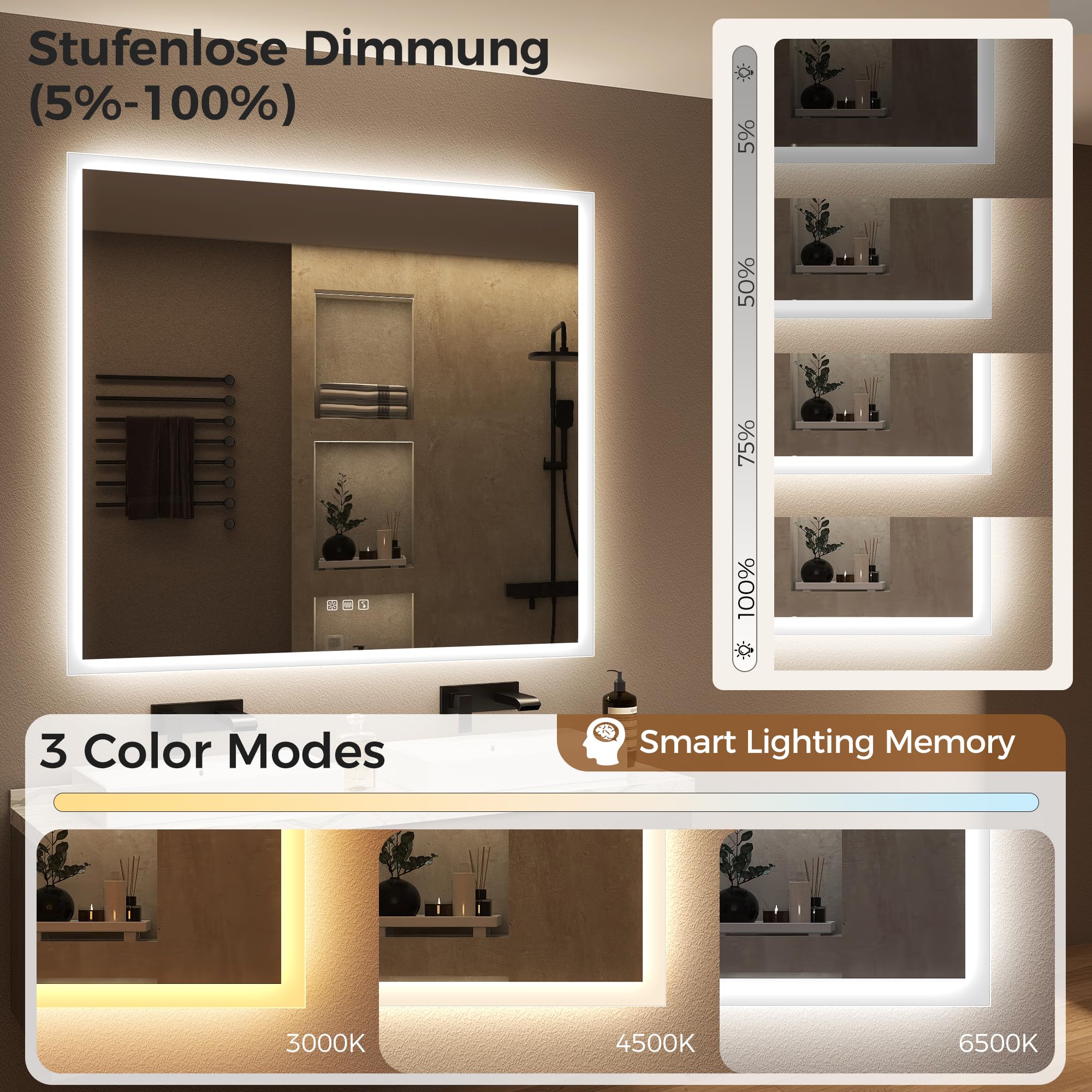 STARLEAD Espejo de baño con iluminación 100 x 100 cm, espejo LED con Bluetooth, antivaho, IP44, espejo de baño con luz, 3 temperaturas de color, regulable, función de memoria, vidrio templado HD