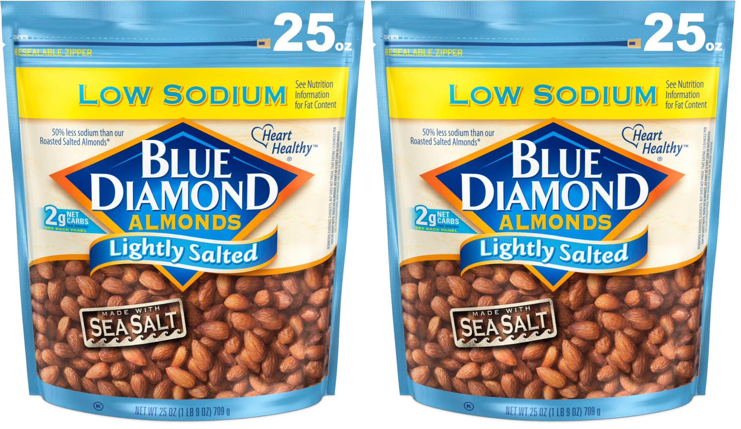 Blue Diamond Almonds Low Sodium Lightly Salted Snack Nuts, 25 Oz Resealable Bag (Pack of 2)