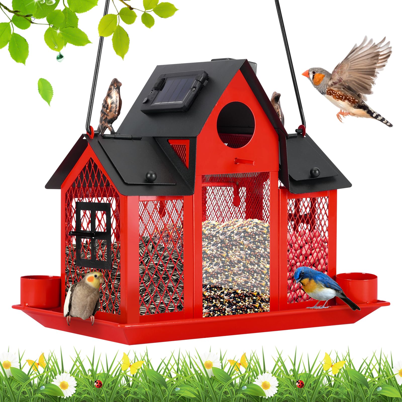 solar bird feeders house for outside hanging, metal wild bird feeder for outdoors, large cardinal bird feeder birdhouses squirrel proof (red)