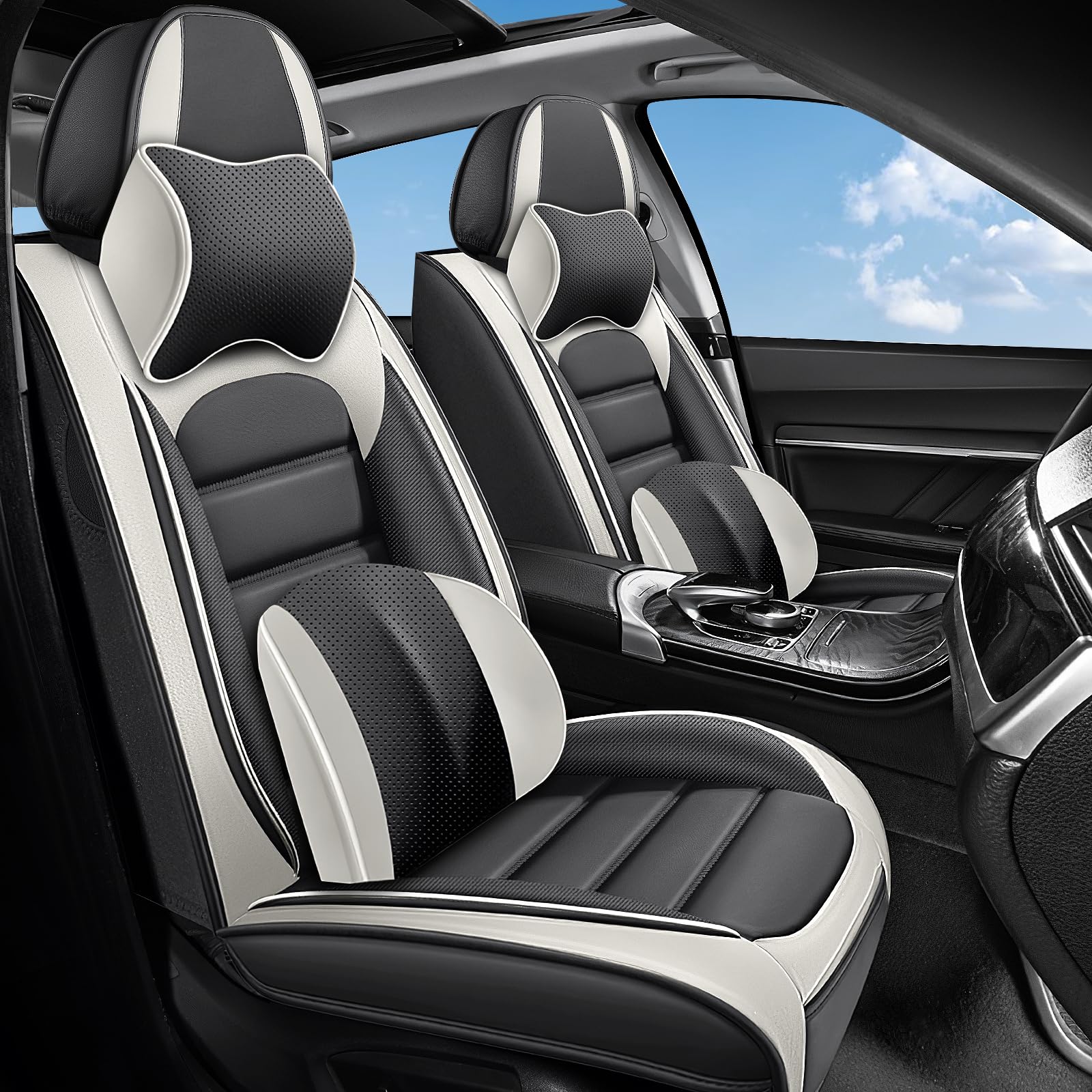 Megaseat Car Seat Covers for Chevrolet Chevy Tahoe 2007-2025, Leather Auto Seat Cover Luxury Cushions Waterproof Seat Protectors (Gray White,Front Set with Pillow)