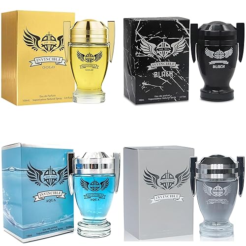 Set de regalo de colonia para hombre, paquete de 4 unidades, serie Invincible, 3.4 onzas líquidas cada uno, fragancia floral de vainilla, cuero y