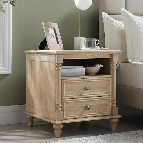 T4TREAM Mesa auxiliar de granja de 24 pulgadas con 4 pies de madera maciza, mesa auxiliar grande con 2 cajones de ancho para sofá con estación de