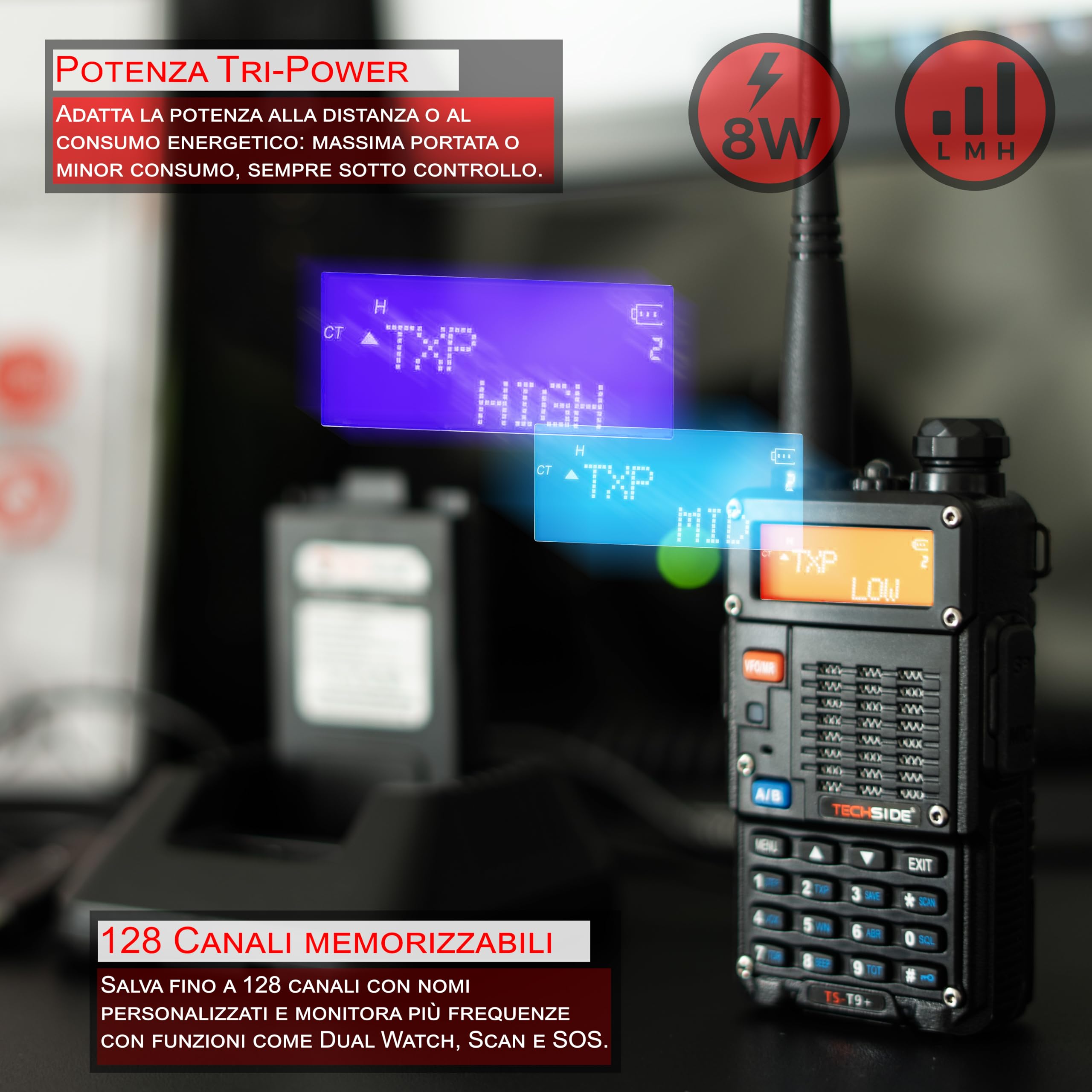 TechSide Walkie Talkie 8W | TS-T9+ Radio Ricetrasmittente Dual Band VHF UHF Tri-Power | Firmware Italiano | Batteria 1800mAh con Ricarica USB-C | 128 Canali, PMR446 VOX | Qualità e Assistenza Italiana